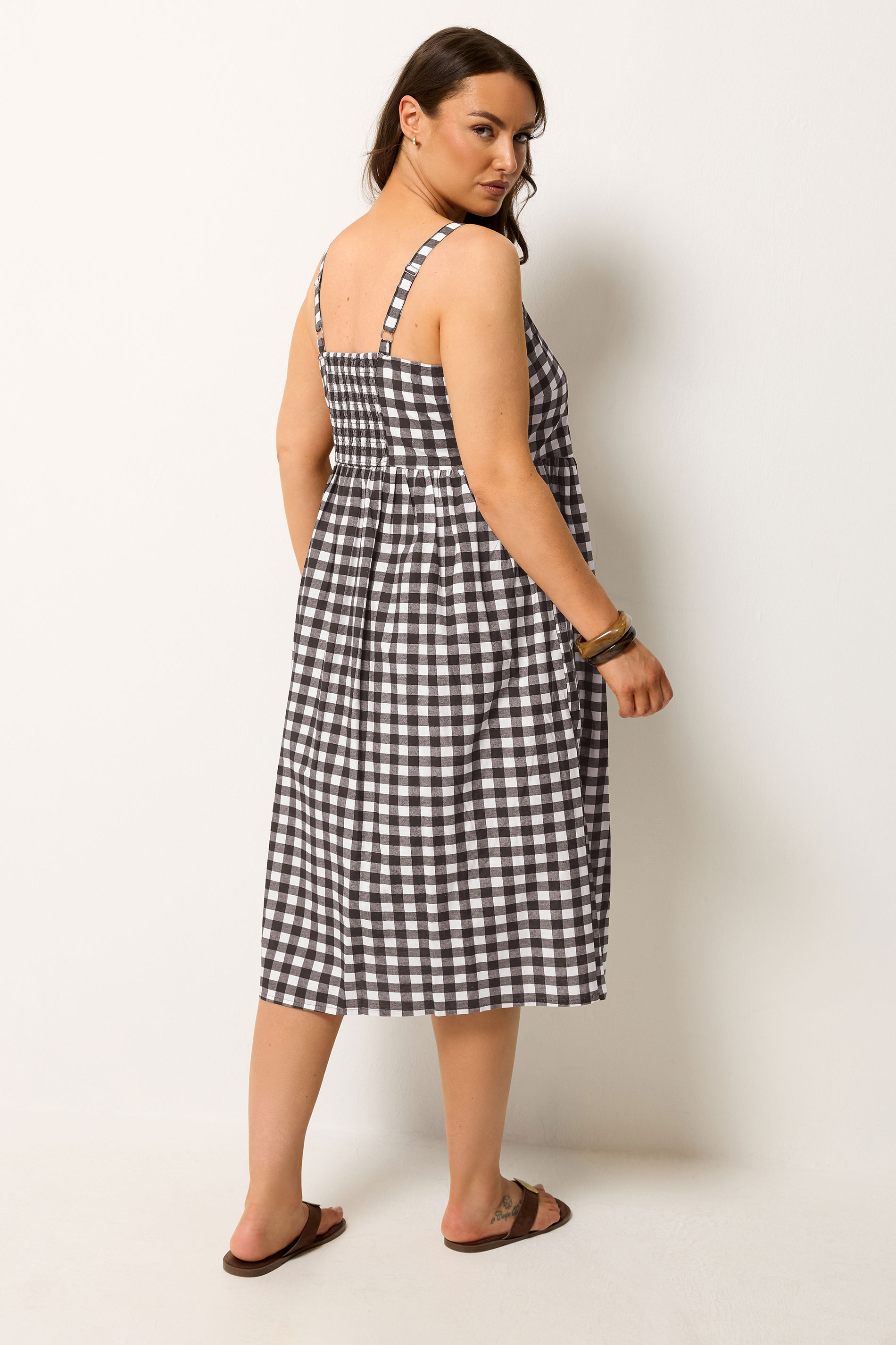 YOURS Plus Size Chocolate Brown Gingham Linen Dress | Yours Clothing 2