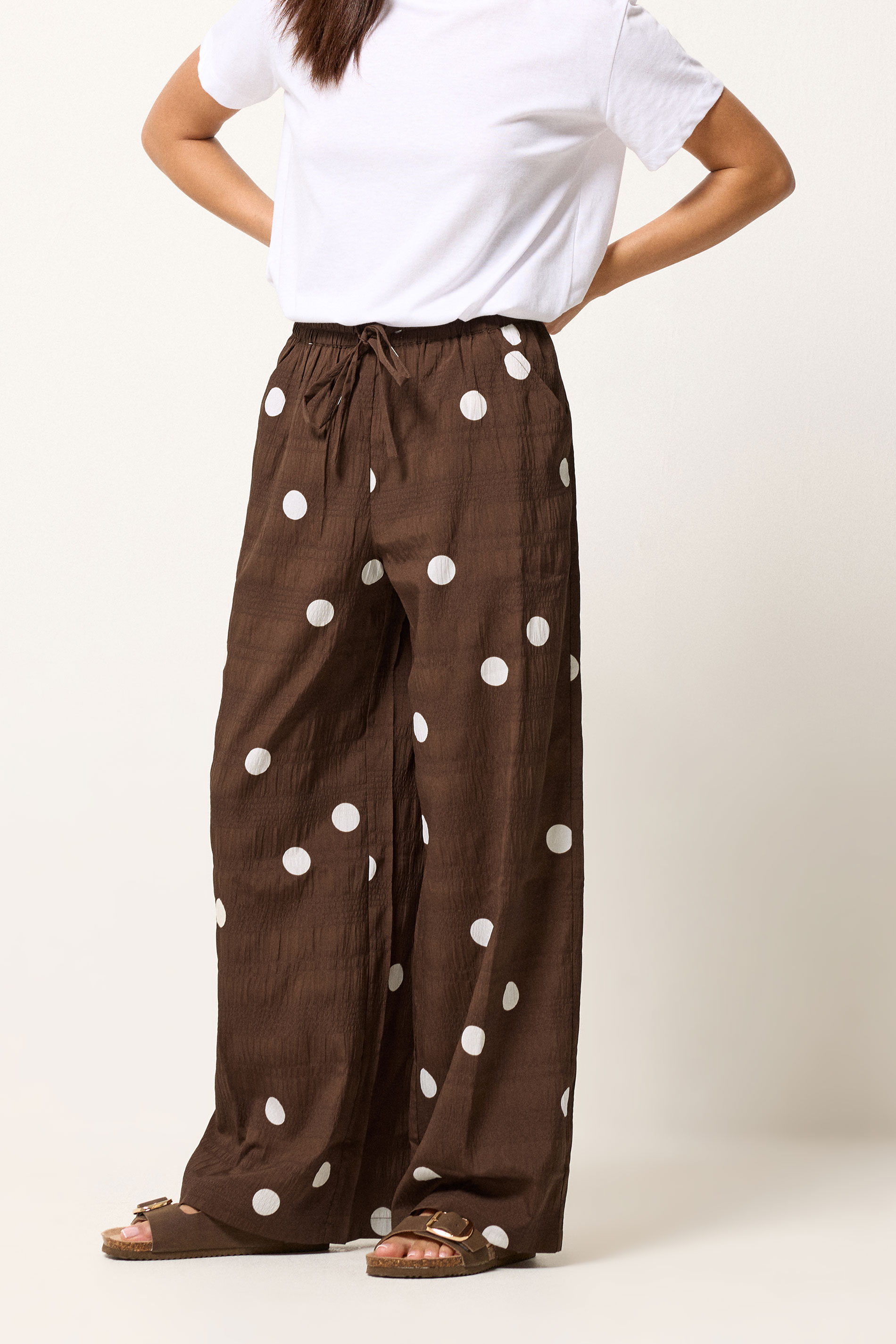 PixieGirl Petite Women's Chocolate Brown Polka Dot Wide Leg Trousers | PixieGirl  2