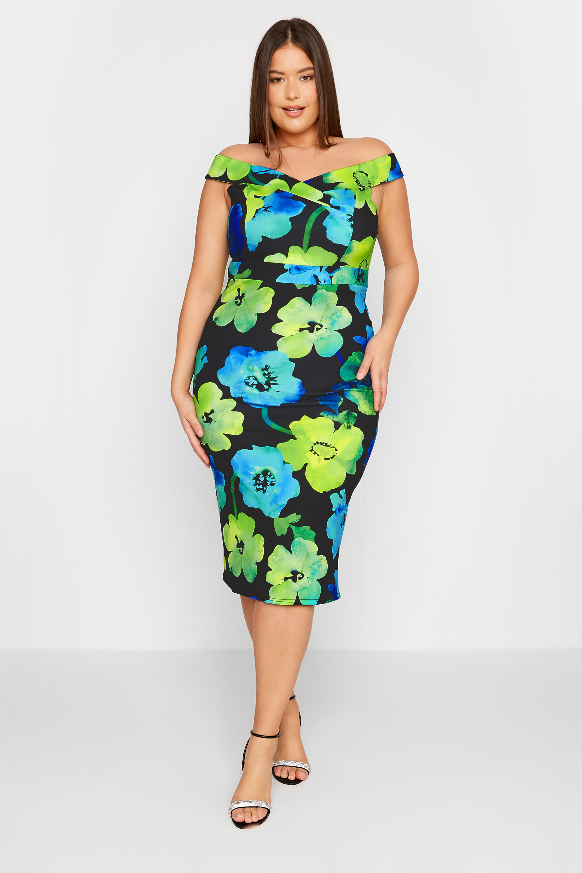 LTS Tall Women's Black Floral Bardot Midi Dress | Long Tall Sally 1