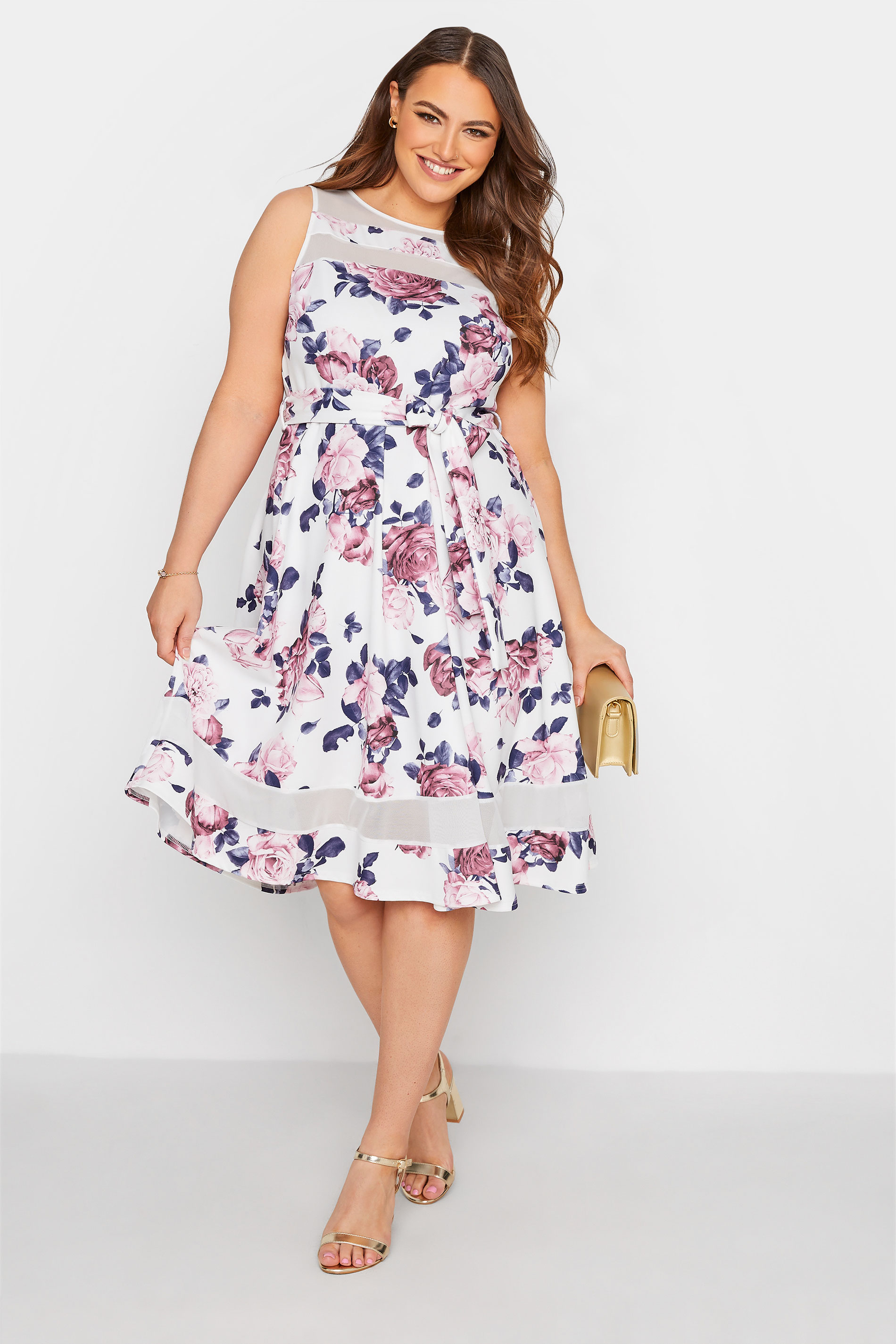 YOURS LONDON Plus Size White Floral Mesh Panel Skater Dress | Yours Clothing 1