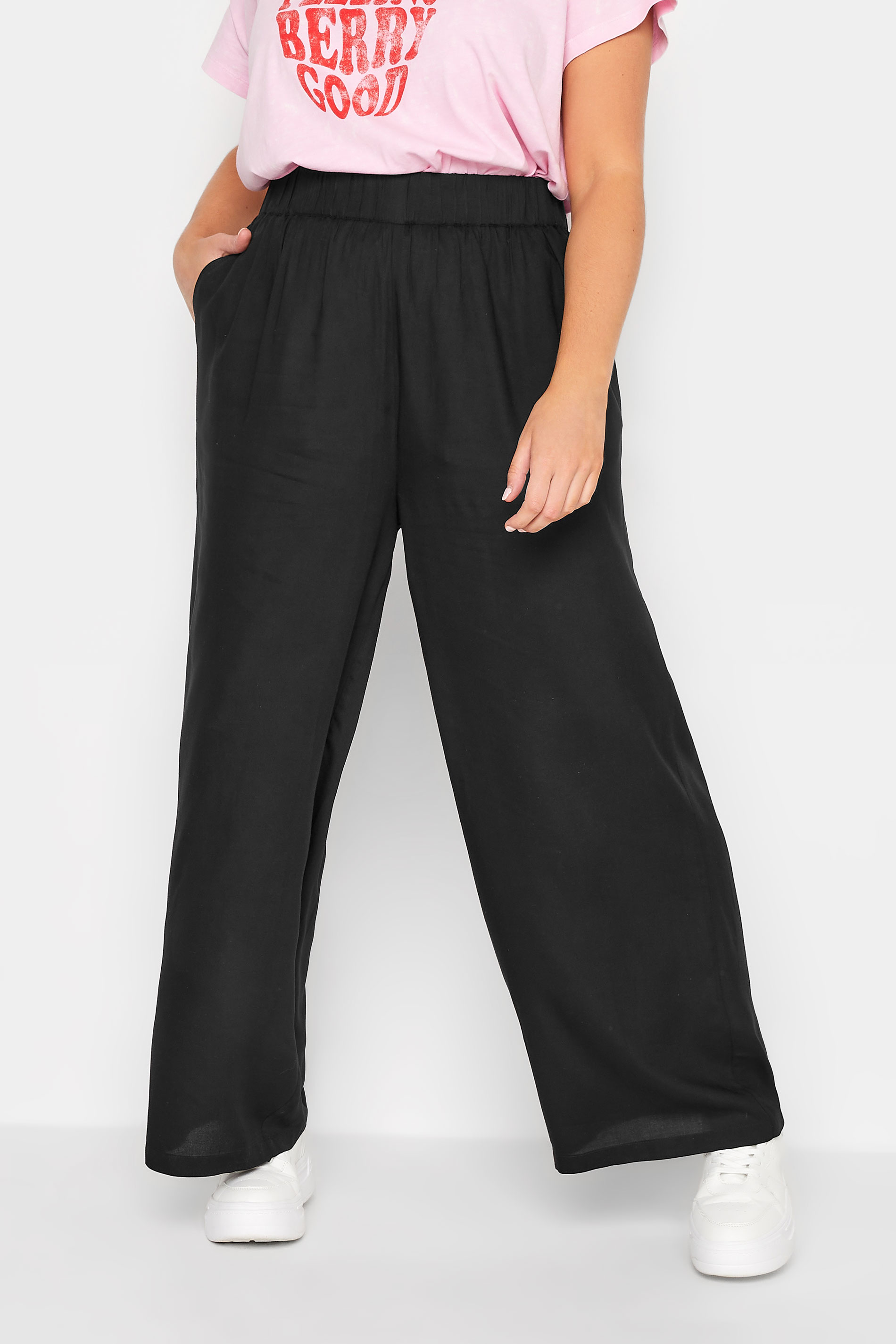 YOURS Plus Size Black Pull-On Wide Leg Trousers | Yours Clothing 1