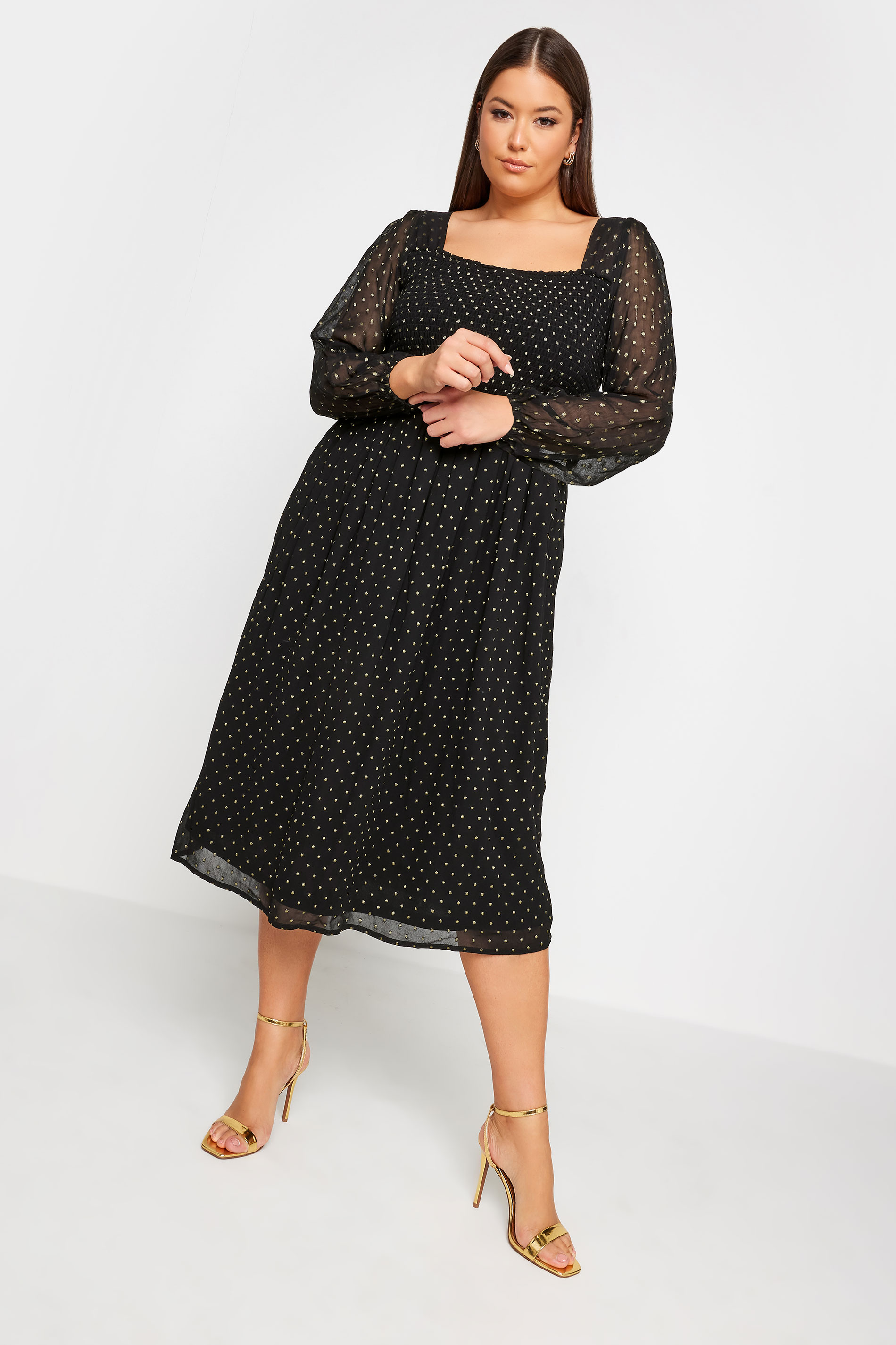 YOURS LONDON Plus Size Black Metallic Spot Print Shirred Midi Dress | Yours Clothing 1
