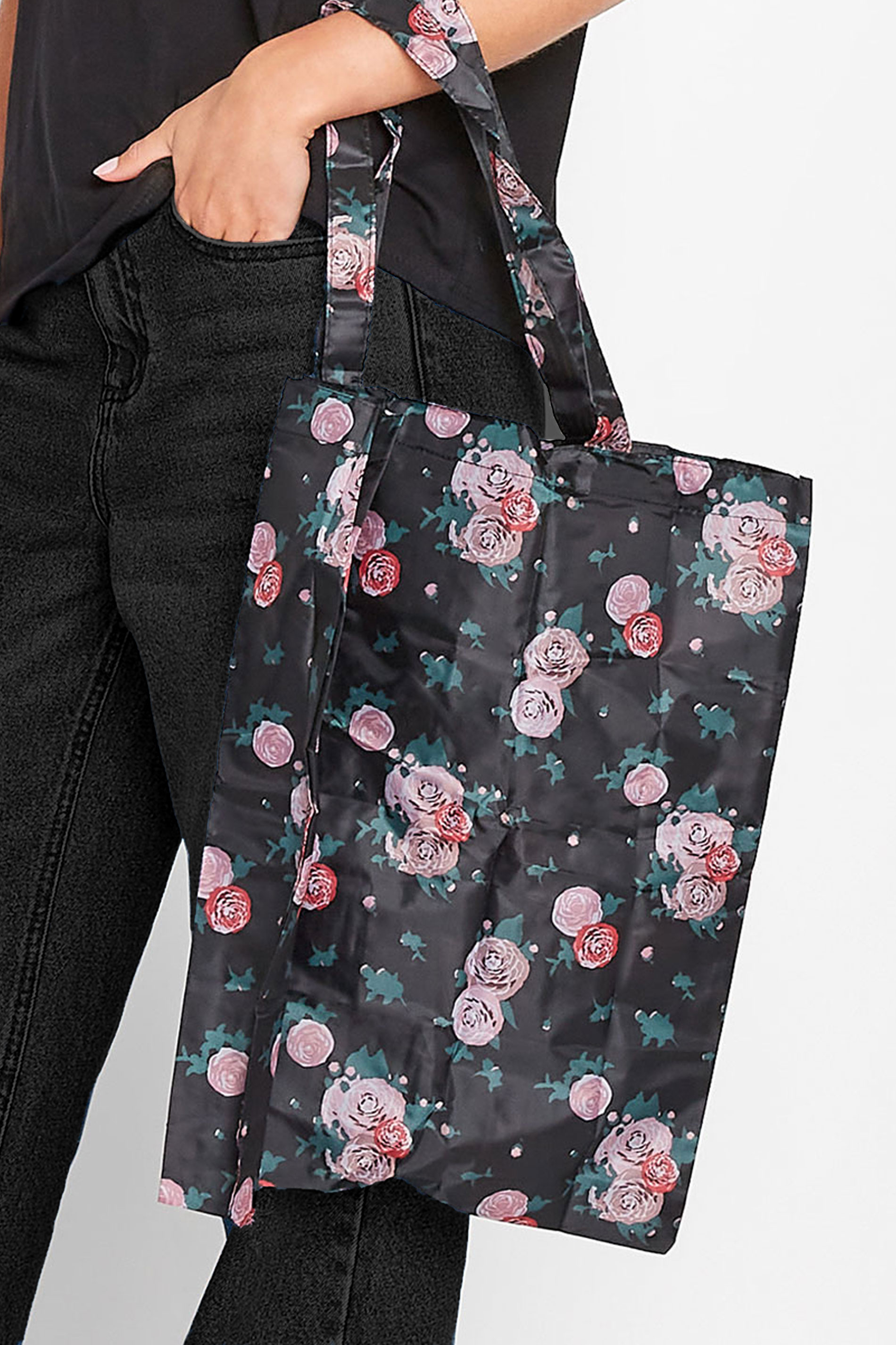 Black Floral Fold Up Shopper Bag | Yours Clothing 1