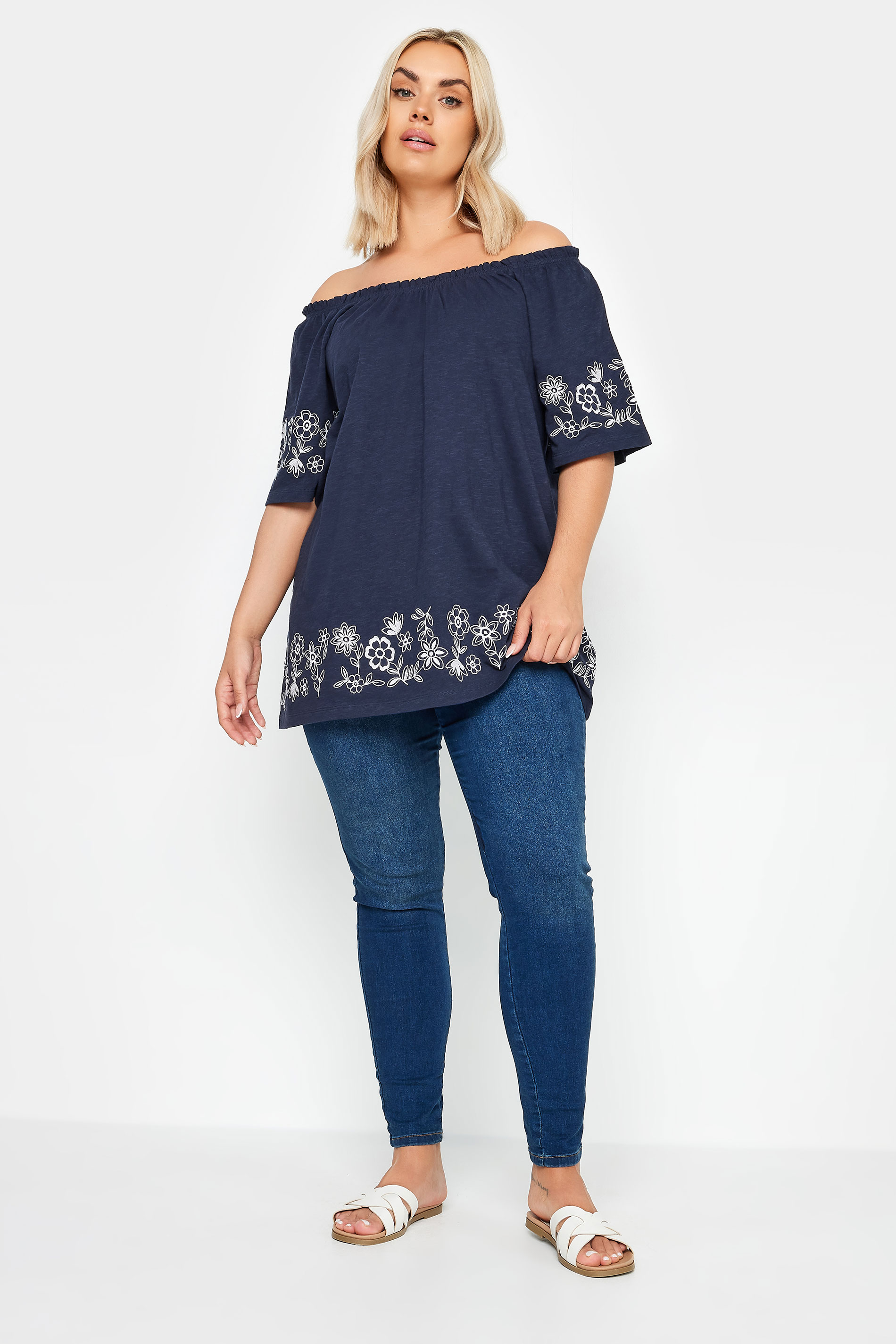 YOURS Plus Size Navy Blue Embroidered Detail Bardot Top | Yours Clothing 2