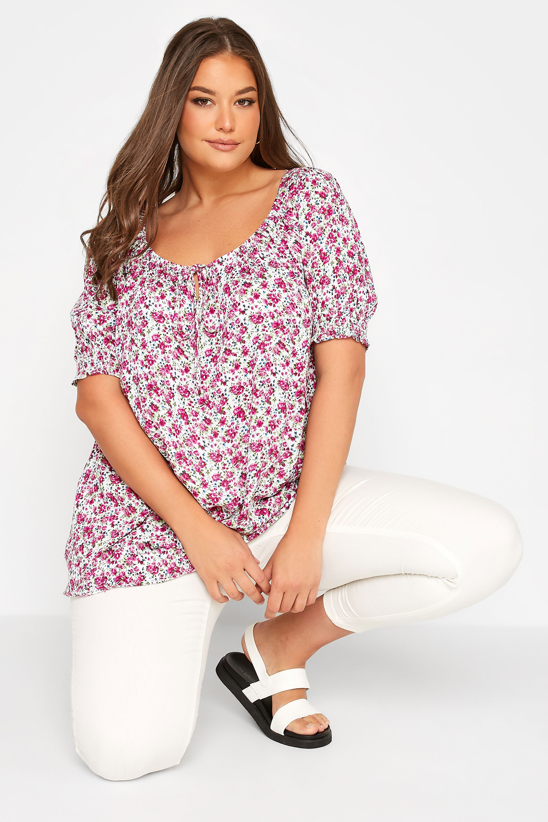 Plus Size White Floral Gypsy Top | Yours Clothing 1