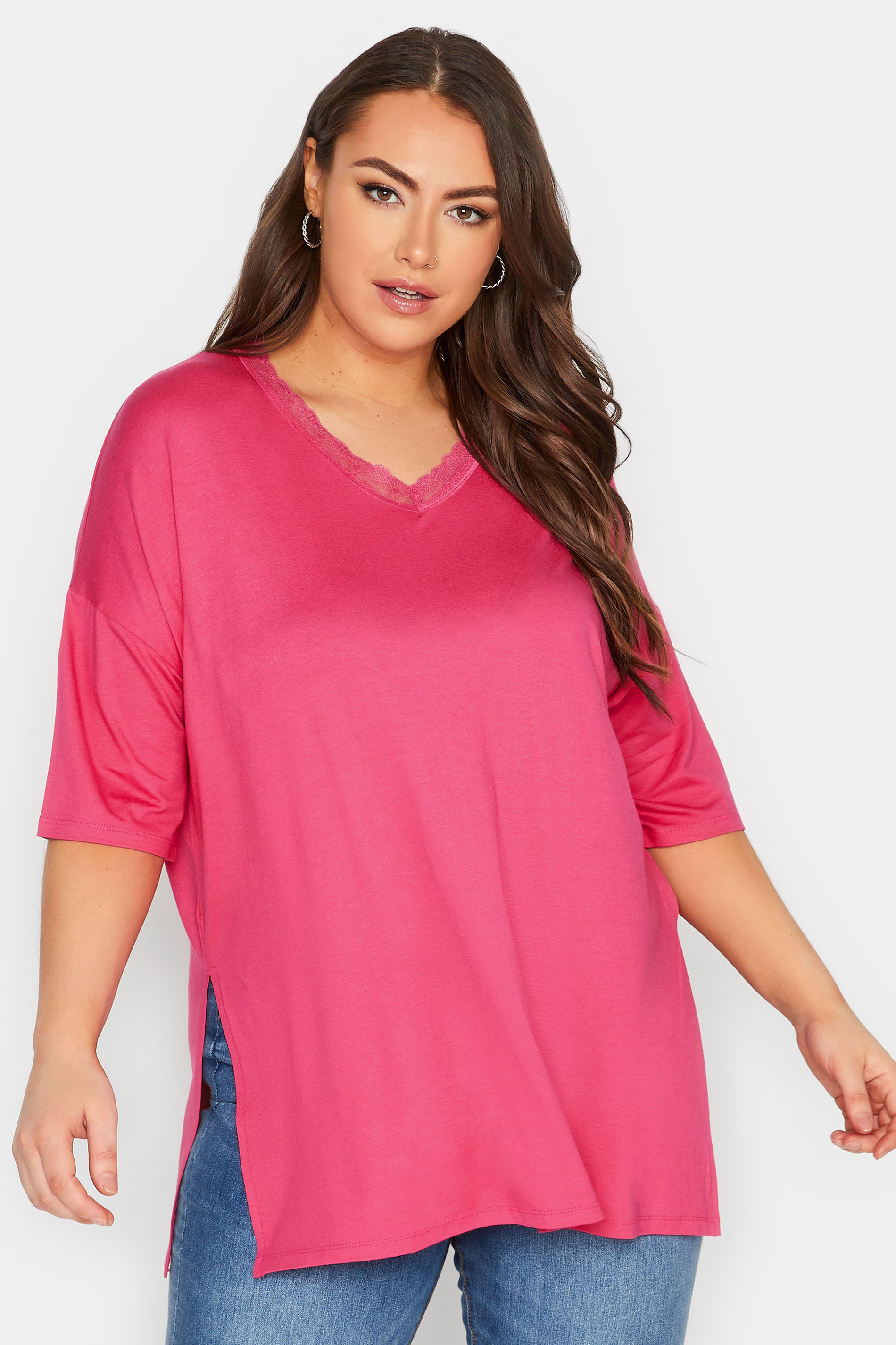 YOURS Plus Size Pink Lace Neck T-Shirt | Yours Clothing 1