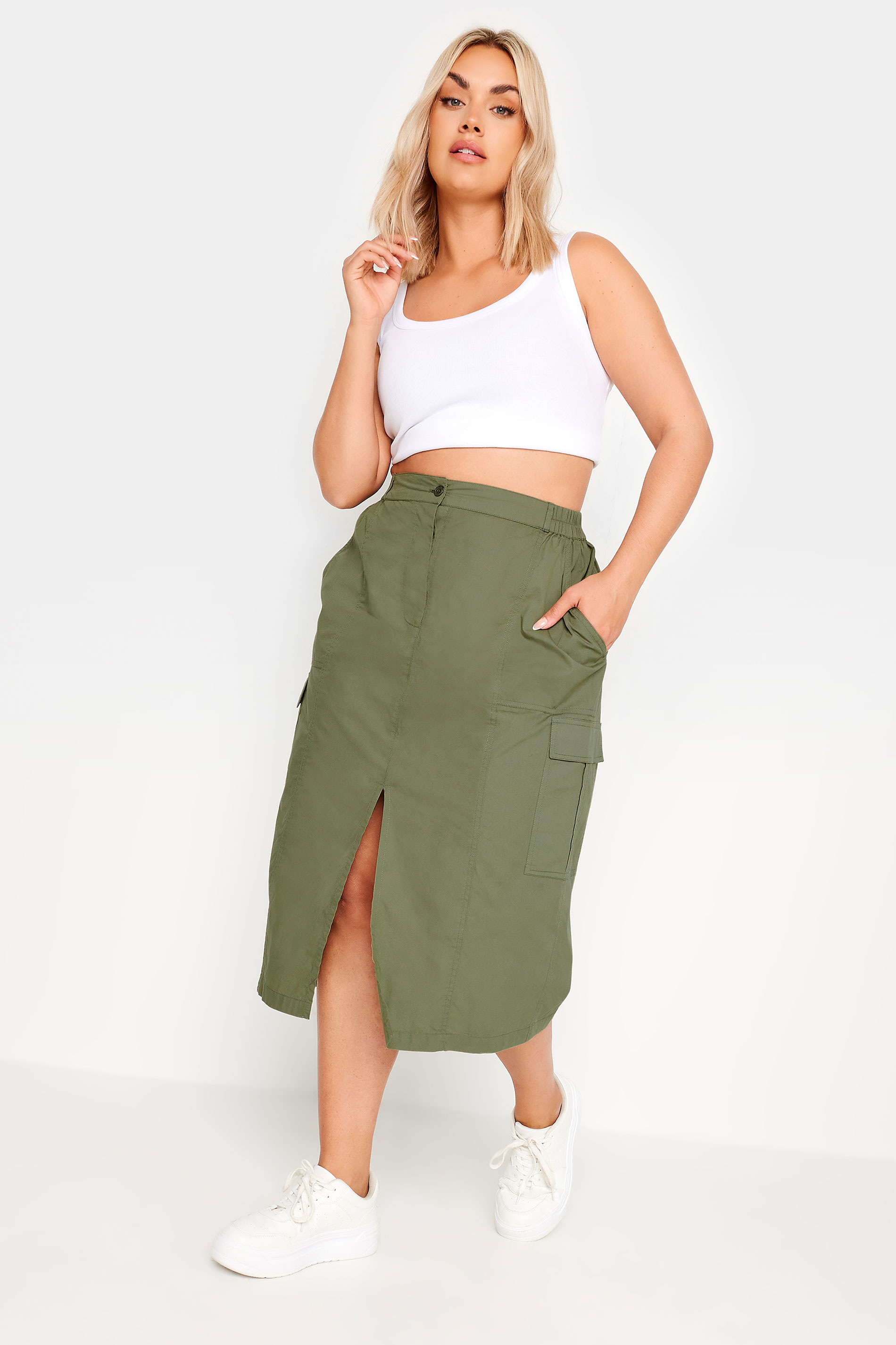 YOURS Plus Size Khaki Green Split Hem Cargo Midi Skirt | Yours Clothing 2