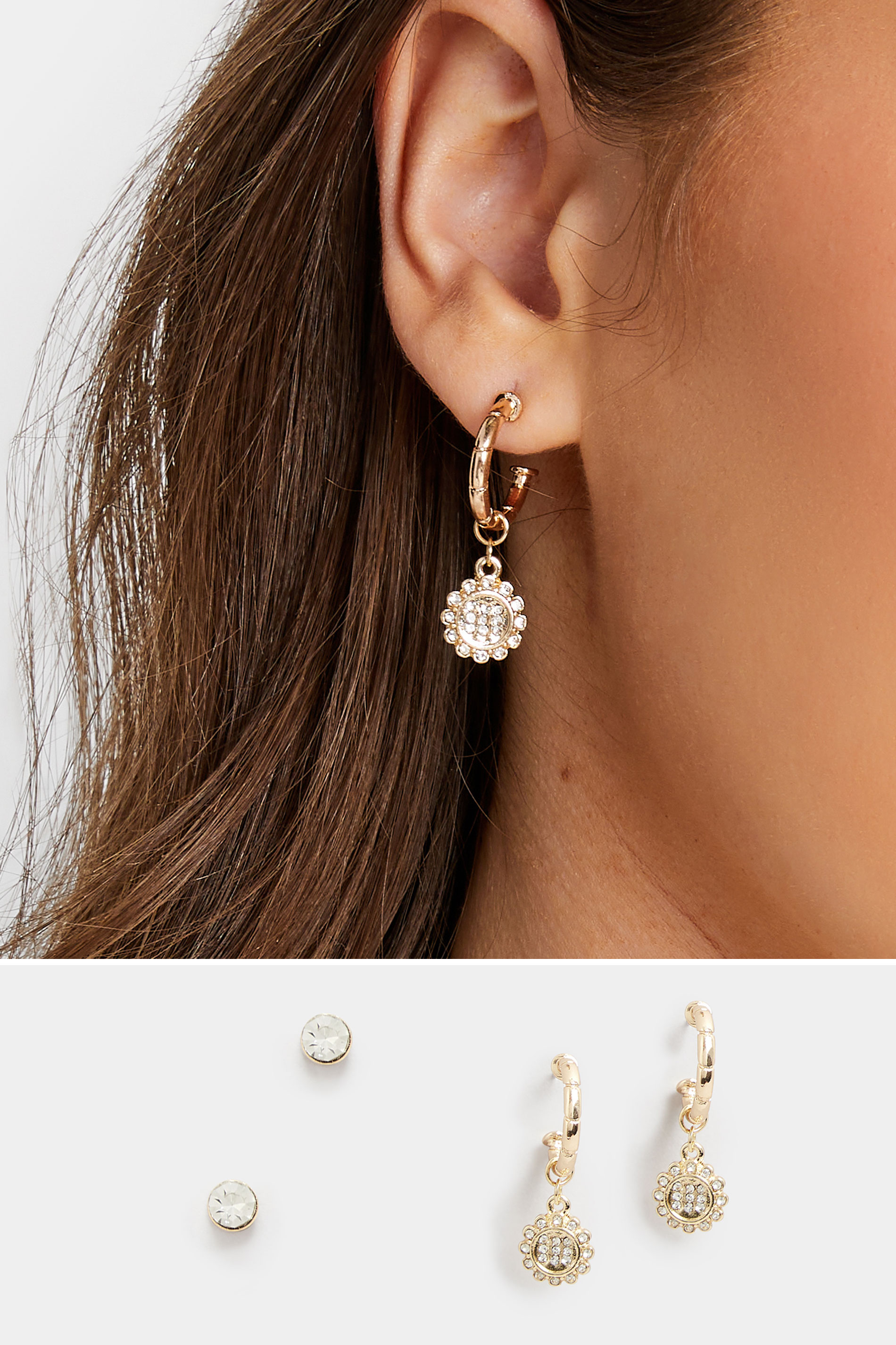 Gold Small Diamante Hoop Drop Earrings | Yours Clothing  1