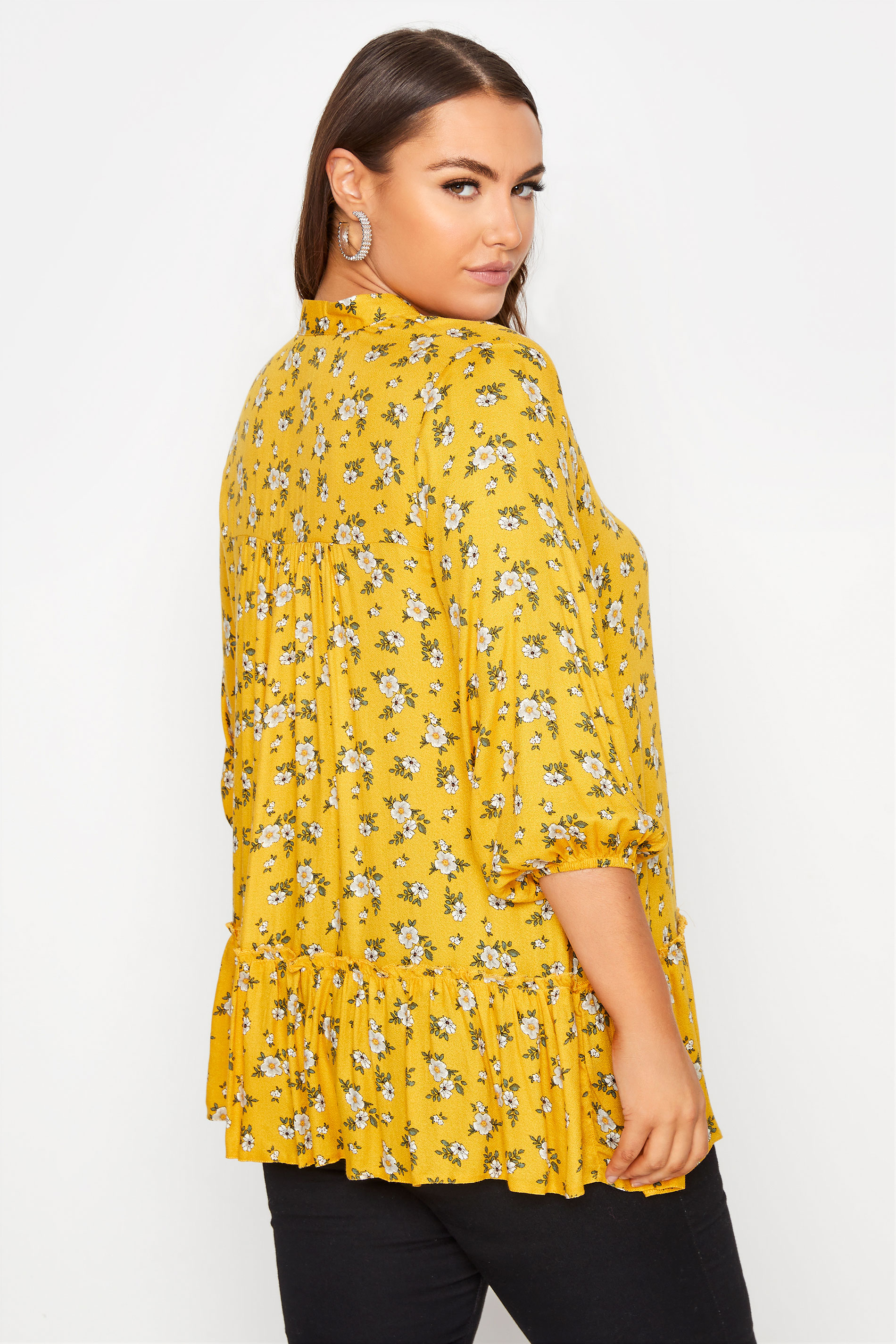 Plus Size Mustard Yellow Floral Print Tie Neck Blouse Yours Clothing