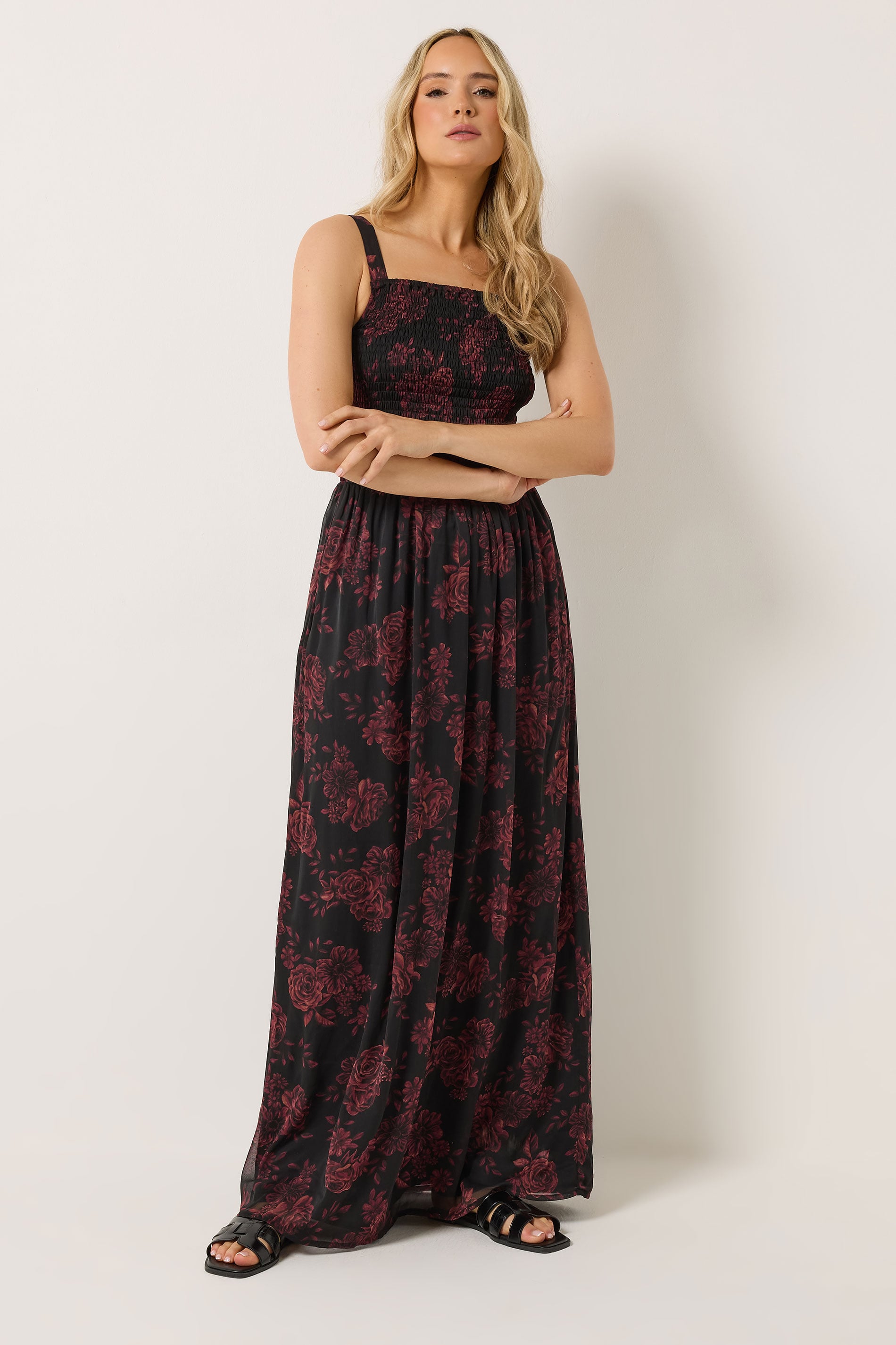 LTS Tall Women's Black & Red Rose Shirred Maxi Dress | Long Tall Sally 2