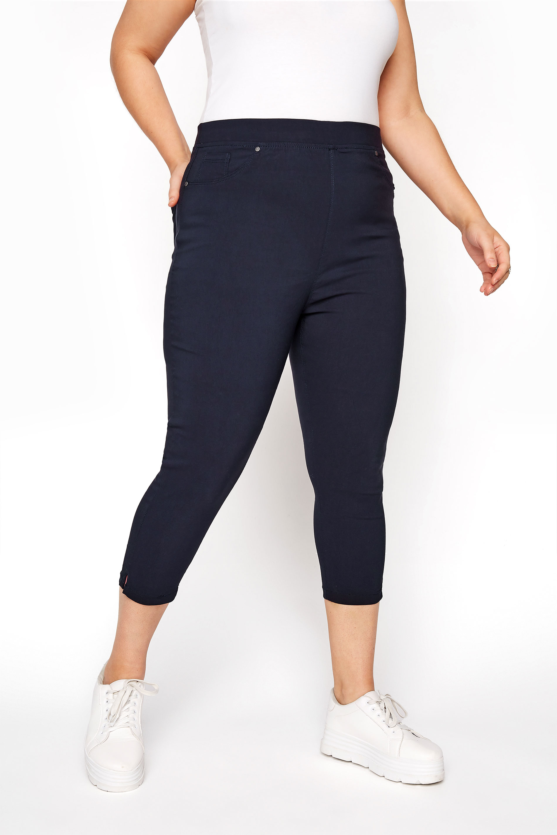 Curve Navy Blue Bengaline Cropped Pull On Trousers 1