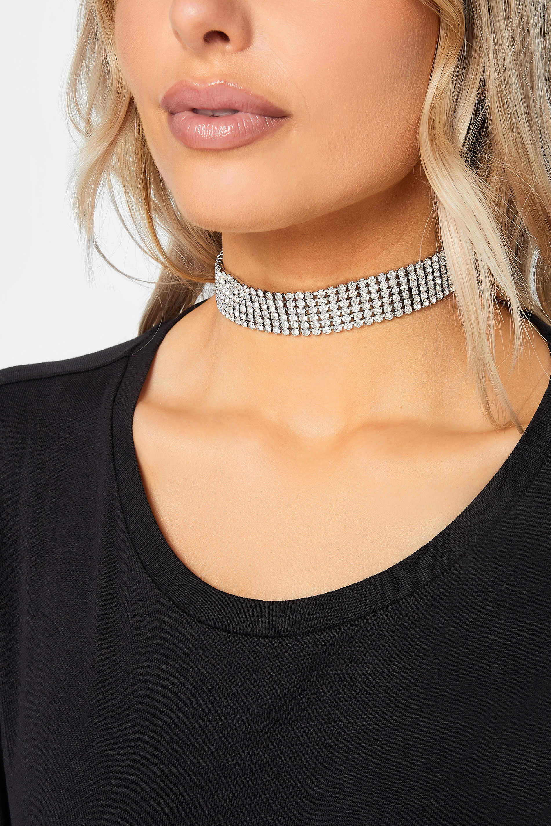 Silver Stacked Diamante Choker Necklace | Yours Clothing 1