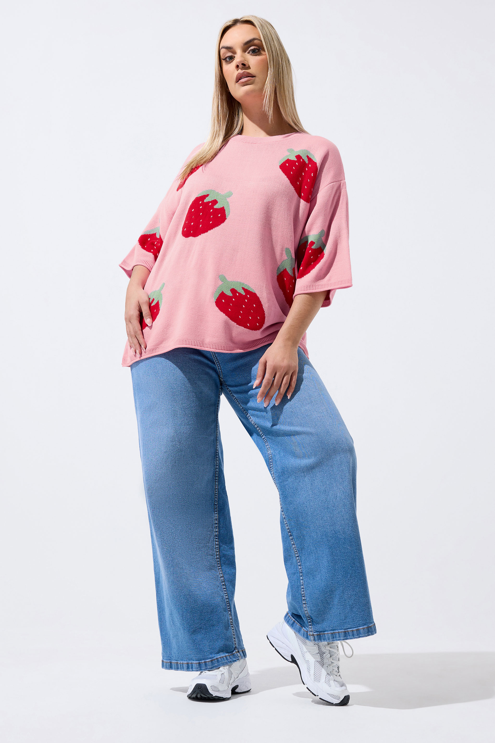 LIMITED COLLECTION Plus Size Pink Strawberry knitted Boxy Top | Yours Clothing 1