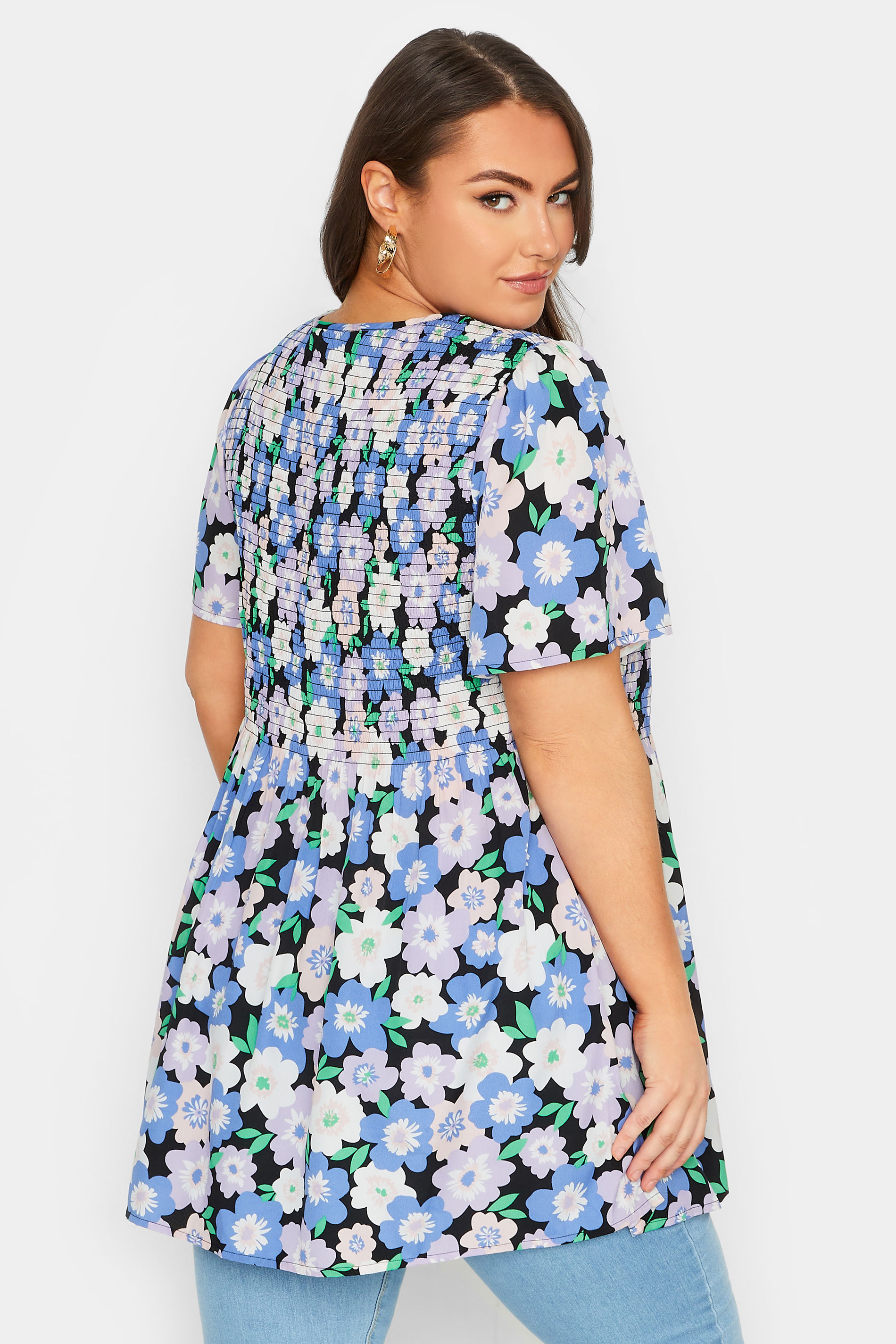YOURS Plus Size Blue Floral Print Shirred Top | Yours Clothing 3