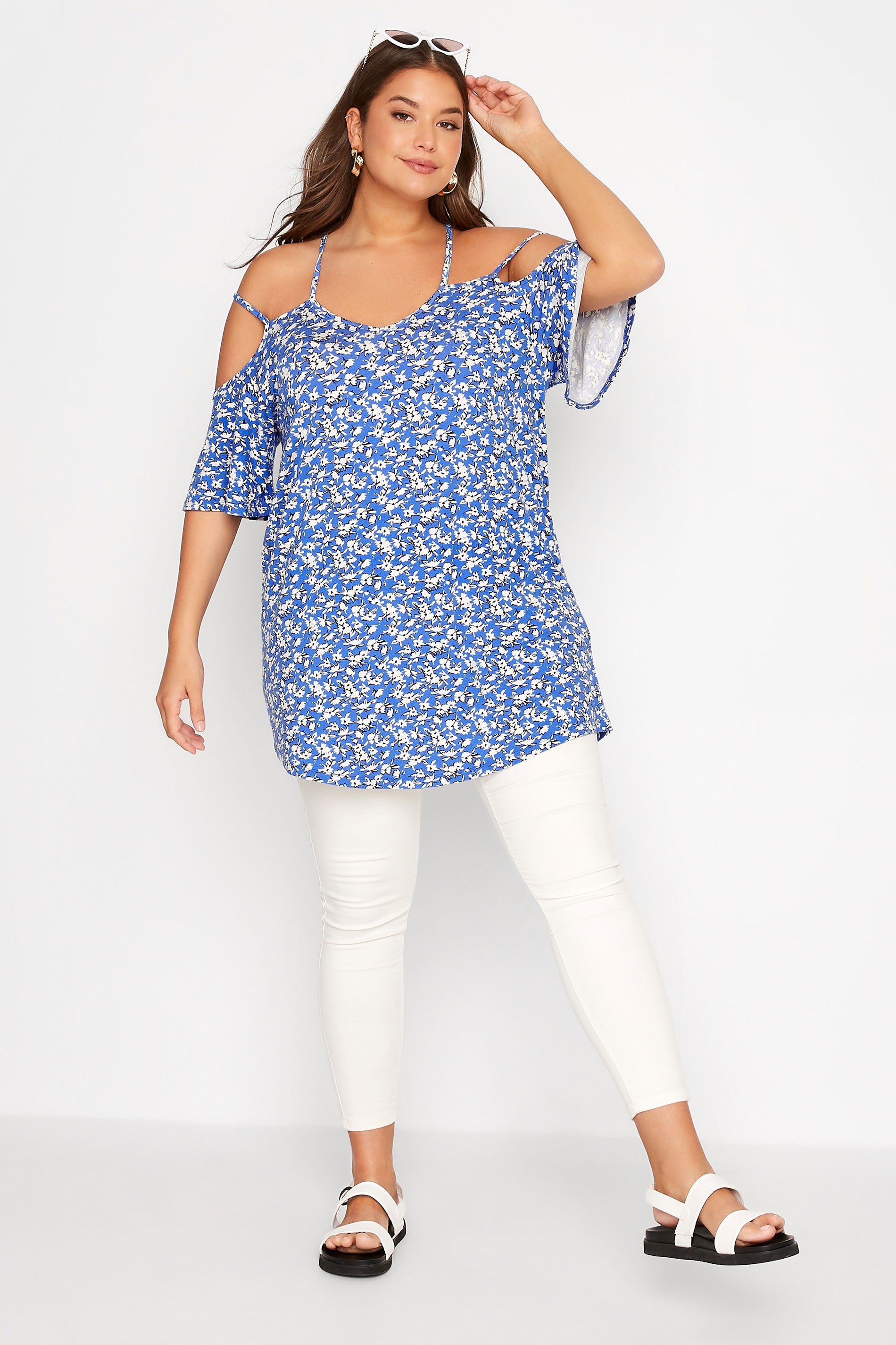 Plus Size Blue Floral Strappy Cold Shoulder Top | Yours Clothing 2