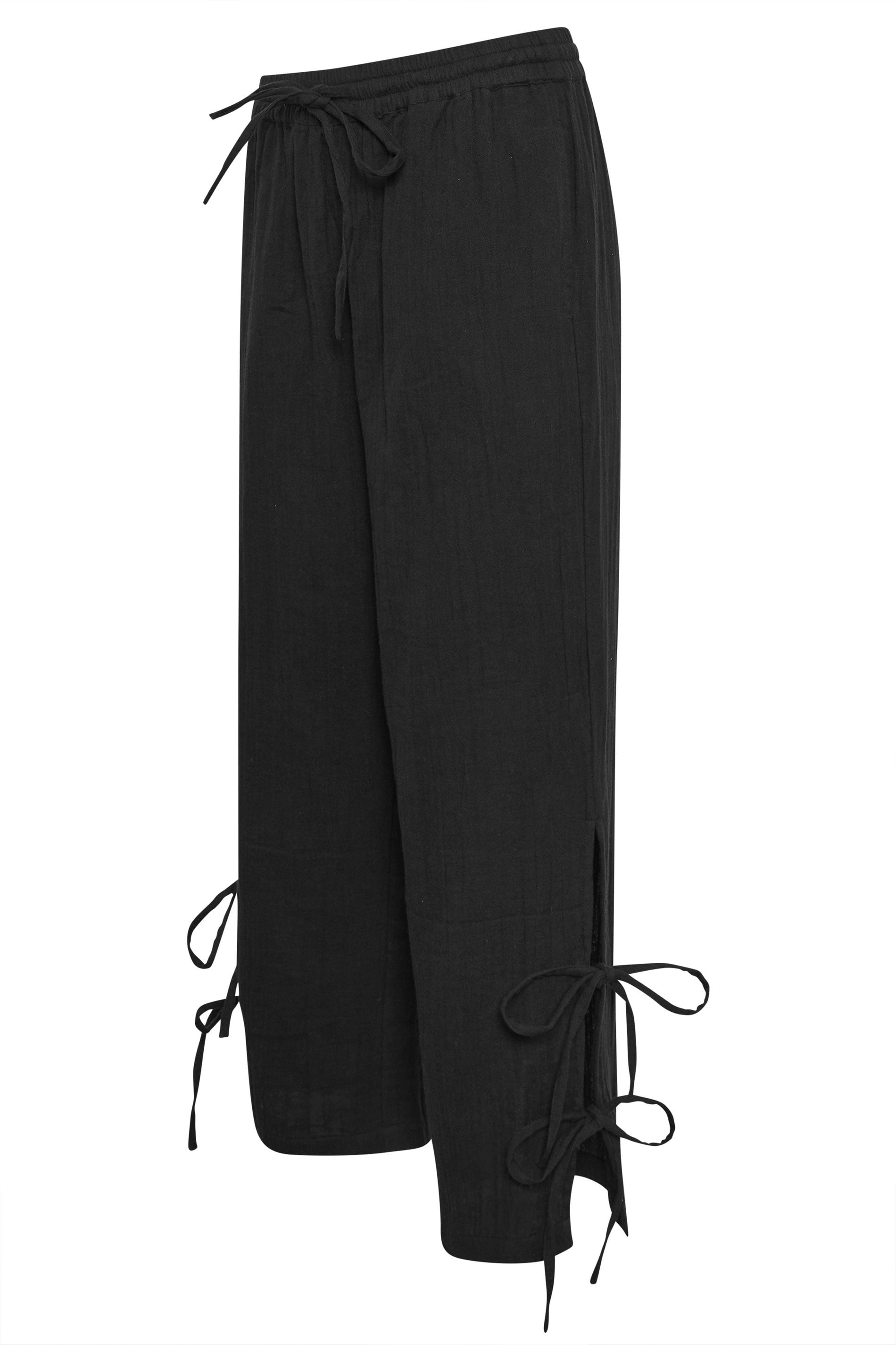 PixieGirl Petite Women's Black Tie Cotton Cheesecloth Wide Leg Trousers | PixieGirl 7