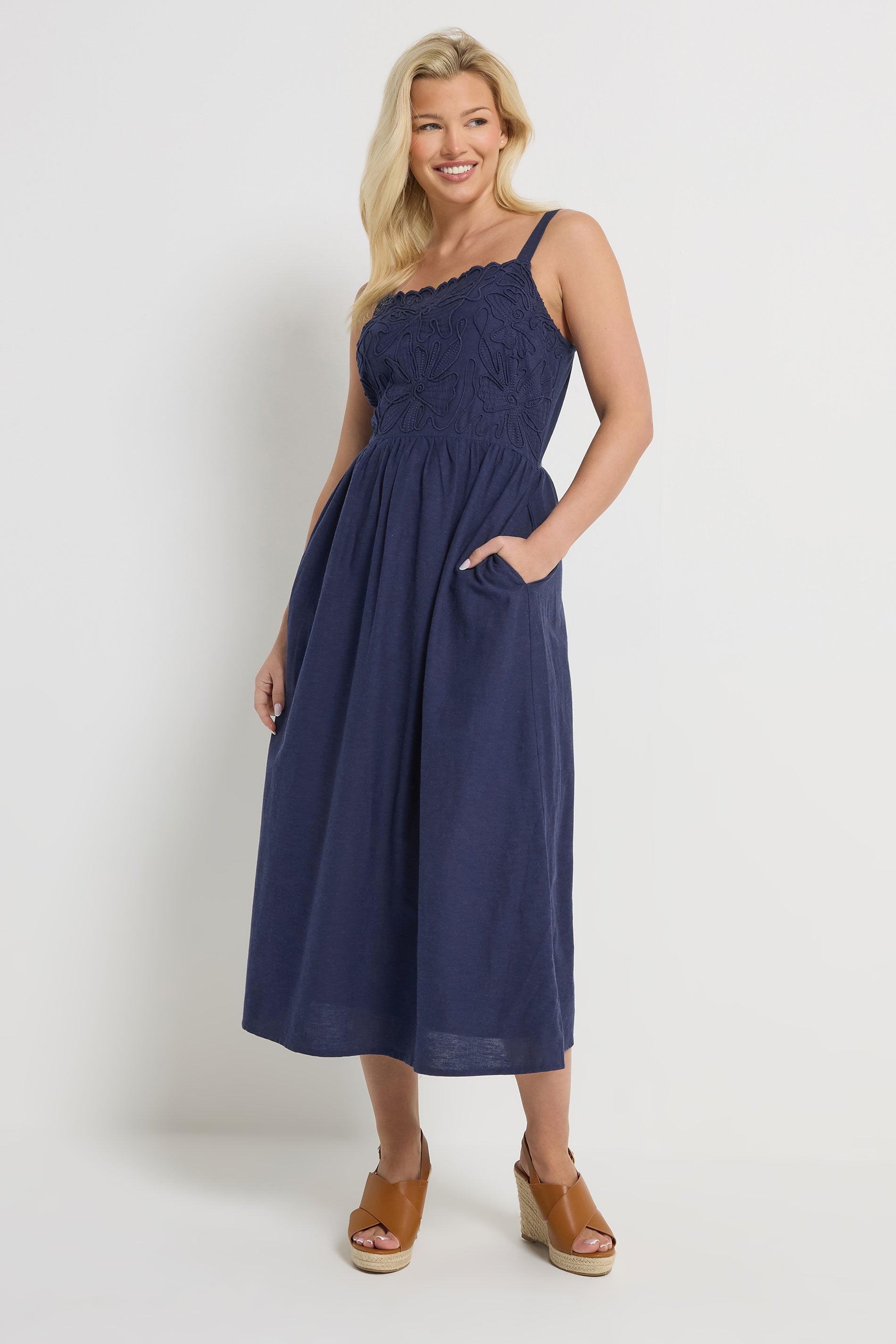 M&Co Navy Blue Linen Embroidered Trim Maxi Dress | M&Co 4