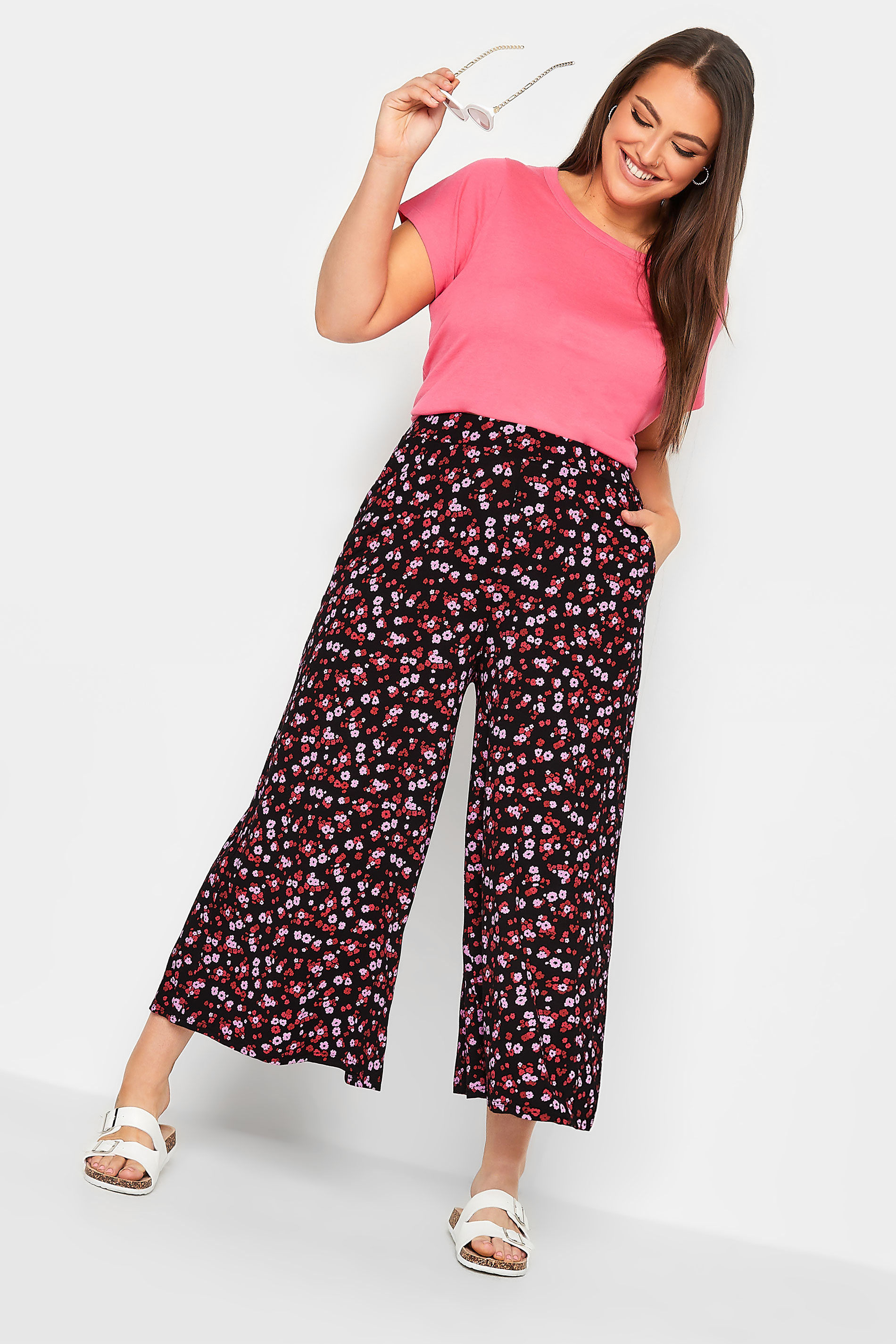 YOURS Curve Red and Pink Floral Midaxi Culottes | Yours Clothing 2