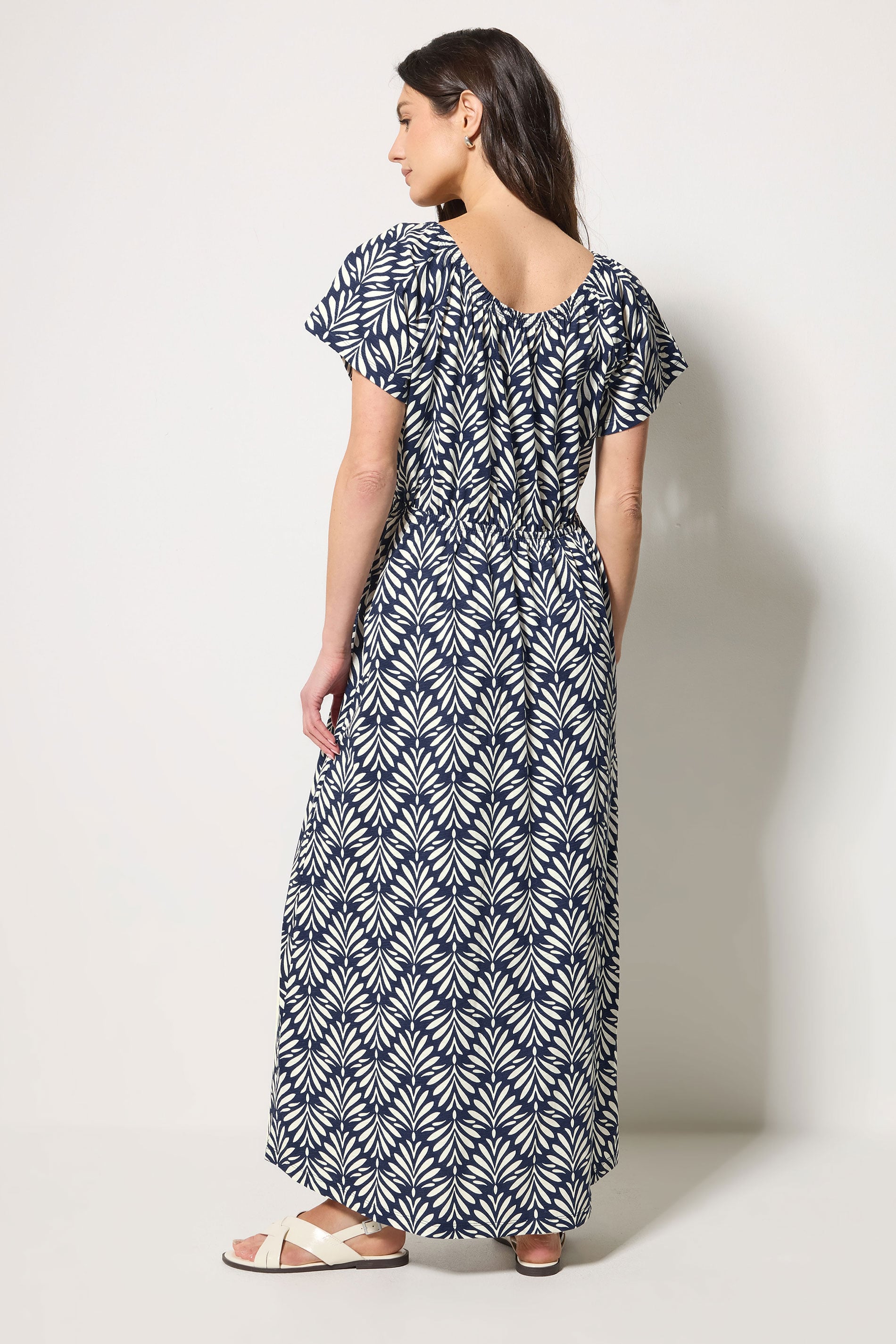 M&Co Navy Blue Leaf Print Tie Neck Cotton Maxi Dress | M&Co 2