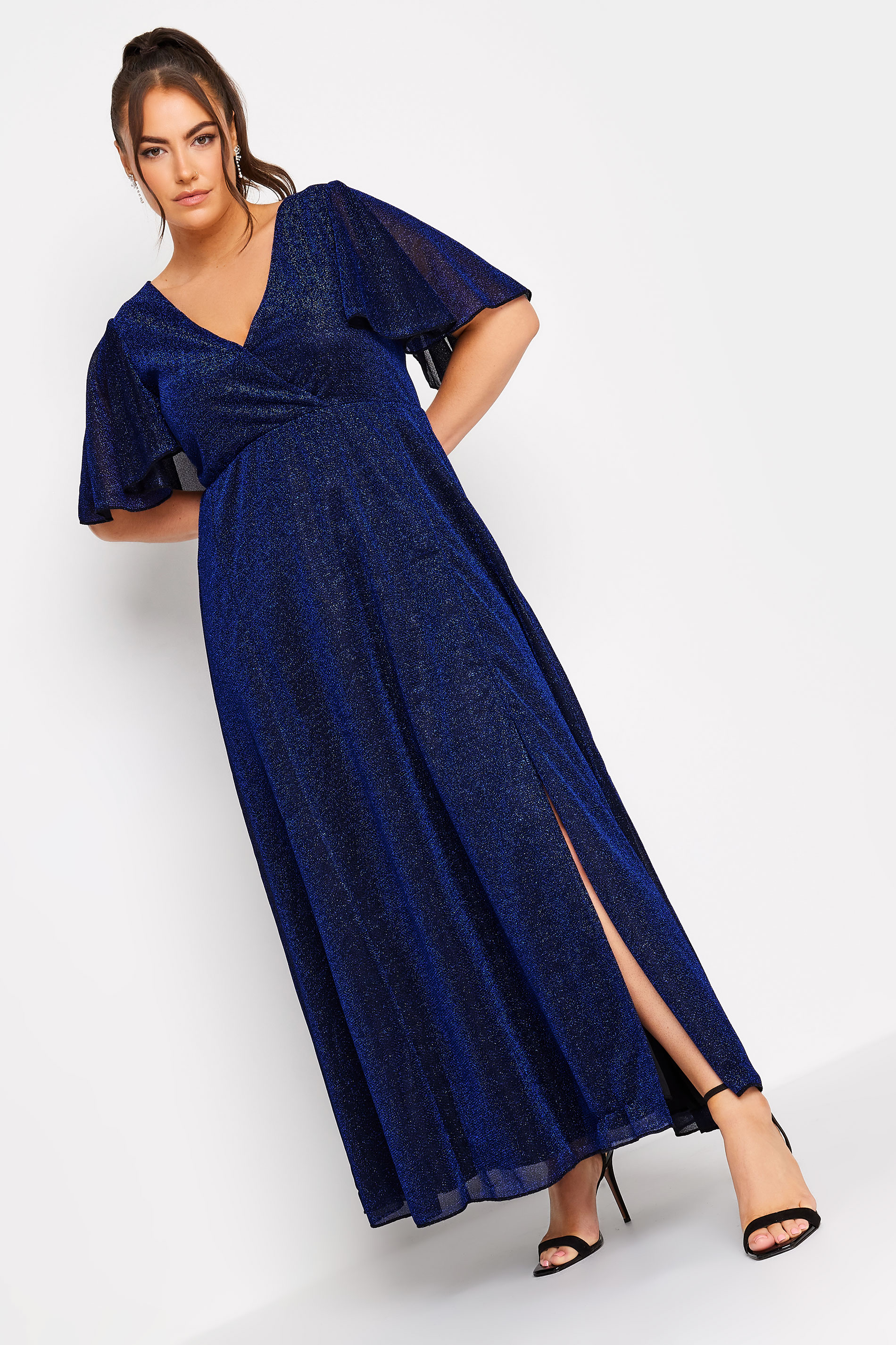 YOURS LONDON Plus Size Dark Blue Glitter Angel Sleeve Maxi Dress | Yours Clothing 1
