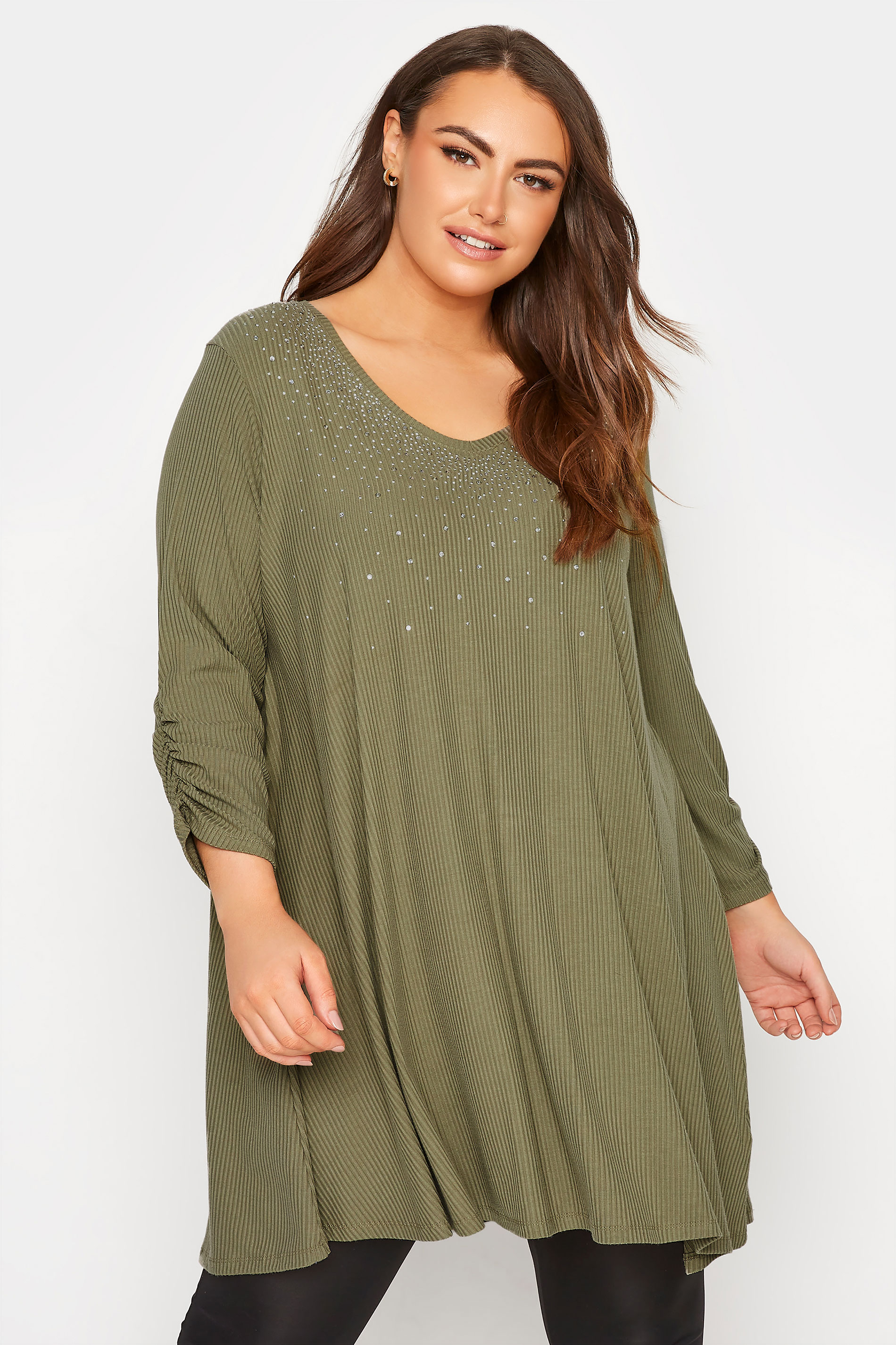 Plus Size Khaki Green Stud Embellished Top | Yours Clothing  1