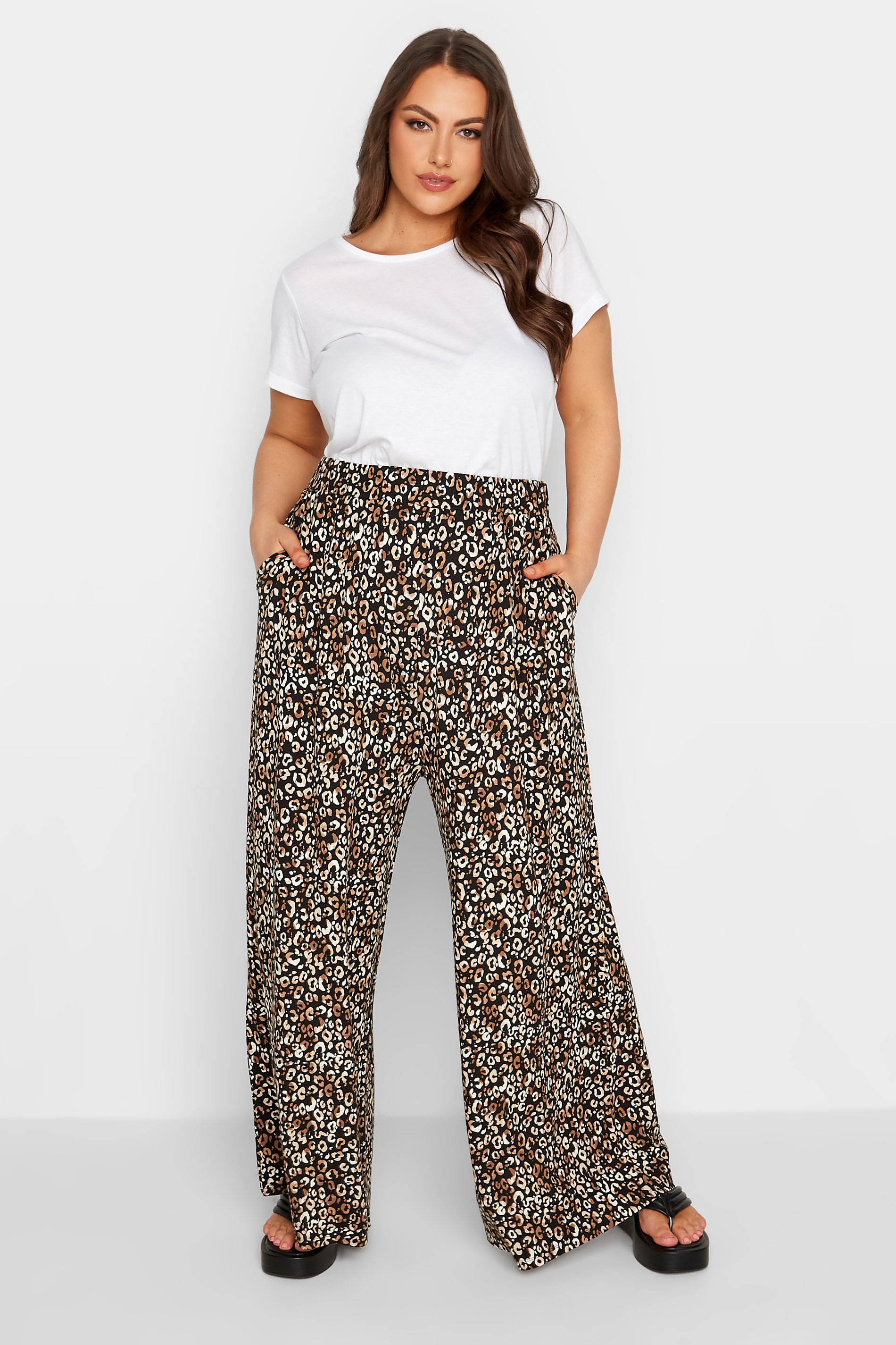 YOURS Curve Gold Leopard Print Wide Leg Stretch Trousers 2