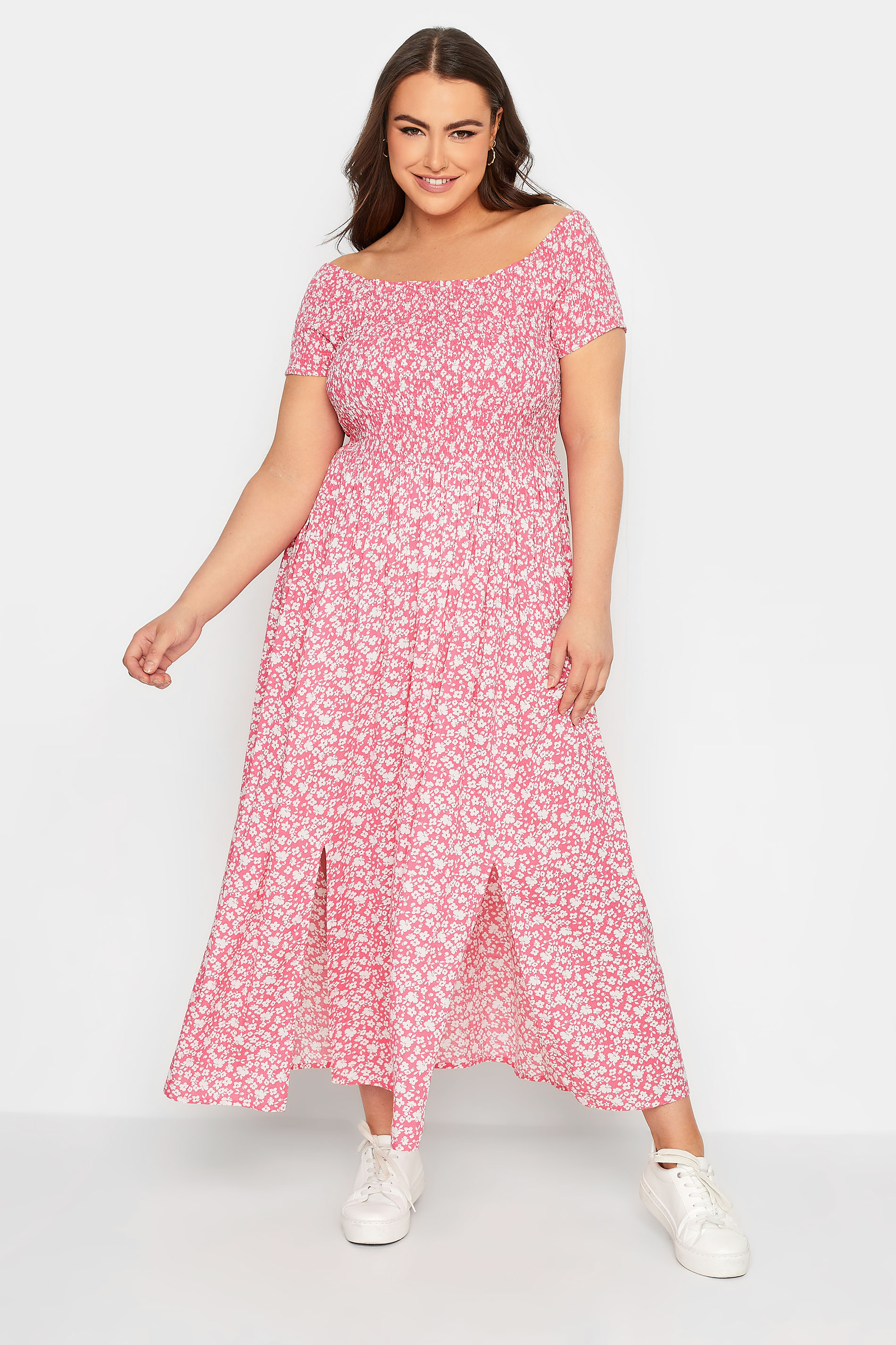 YOURS Plus Size Pink Ditsy Floral Bardot Maxi Dress | Yours Clothing 3