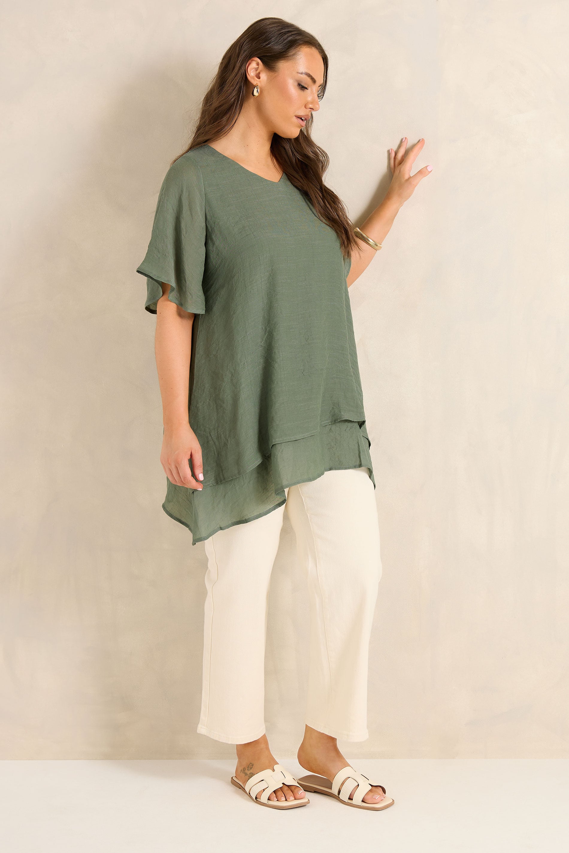 EVANS Plus Size Khaki Green Double Layer Top | Evans 2