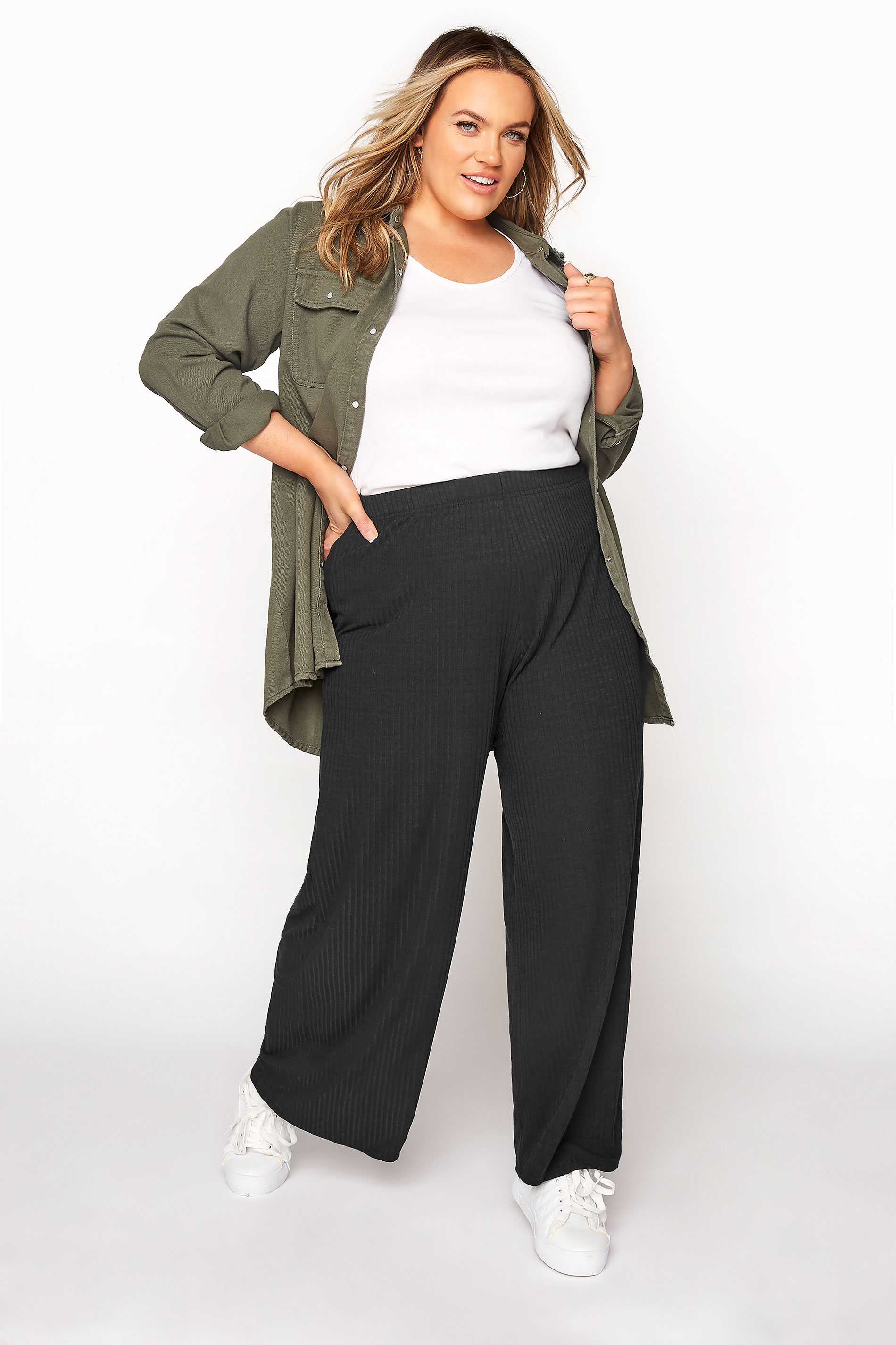 Plus Size LIMITED COLLECTION Black Ribbed Wide Leg Trousers | Yours ...