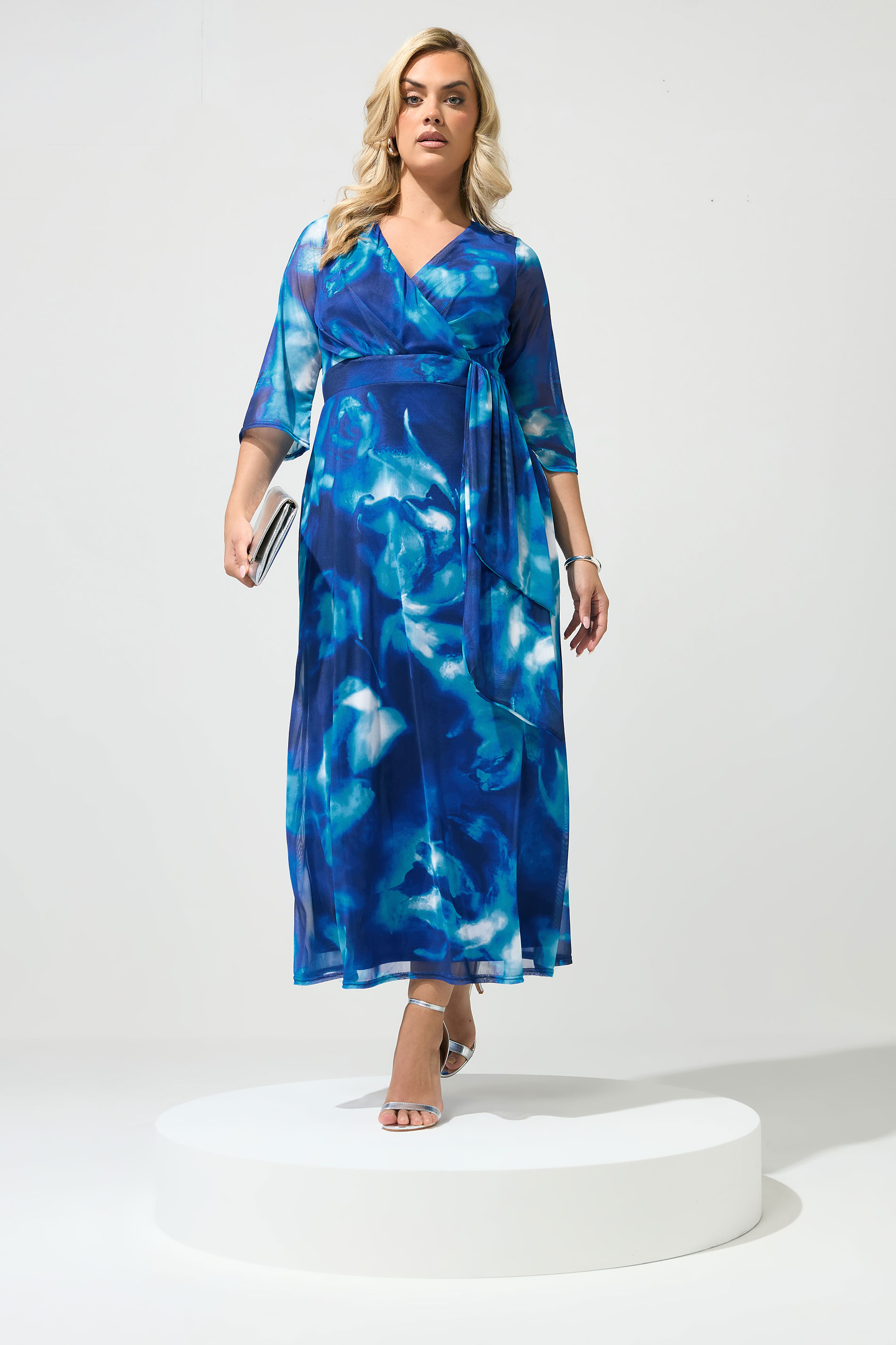 YOURS LONDON Plus Size Blue Abstract Mesh Wrap Dress | Yours Clothing 3
