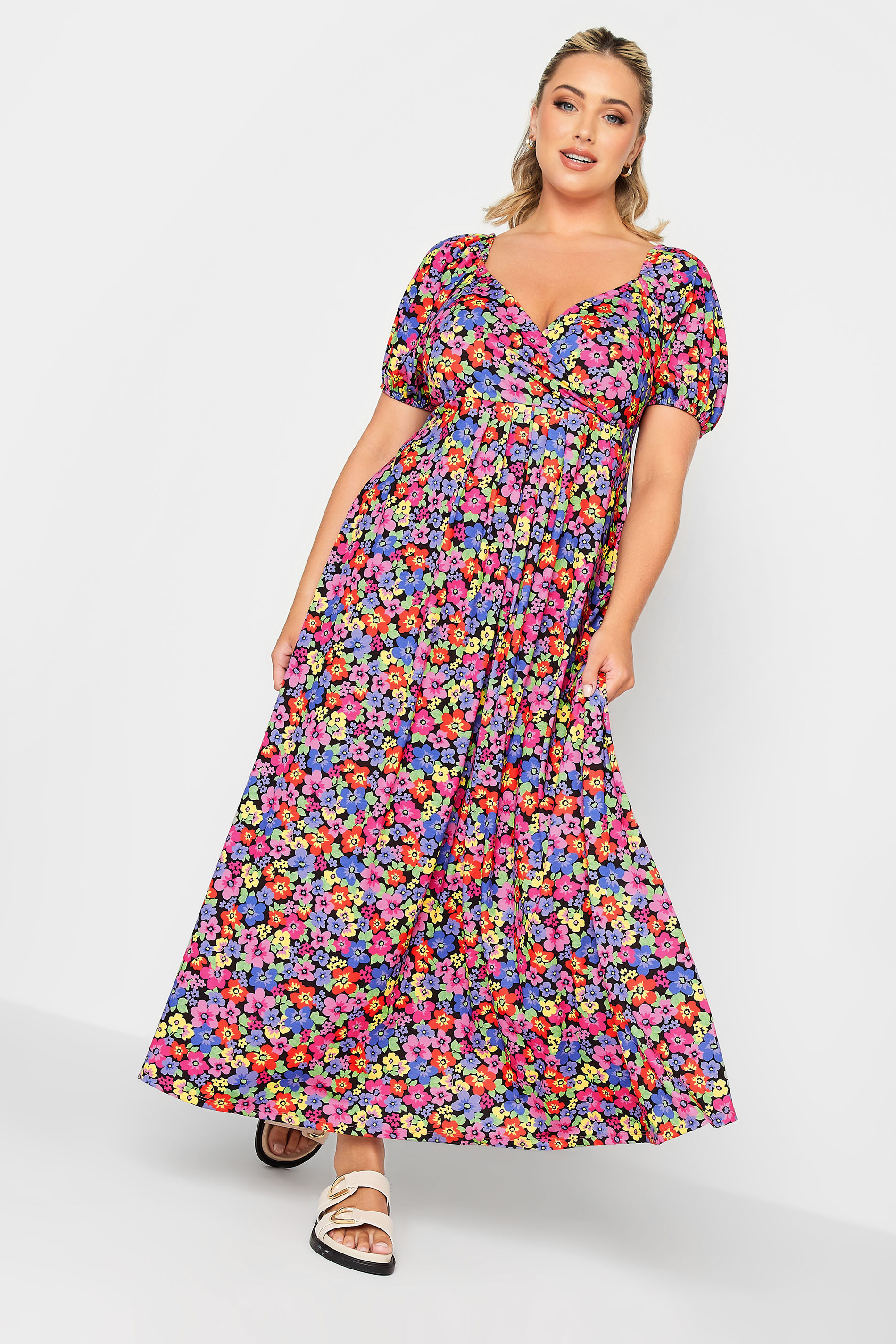LIMITED COLLECTION Plus Size Black & Pink Floral Wrap Maxi Dress | Yours Clothing  1