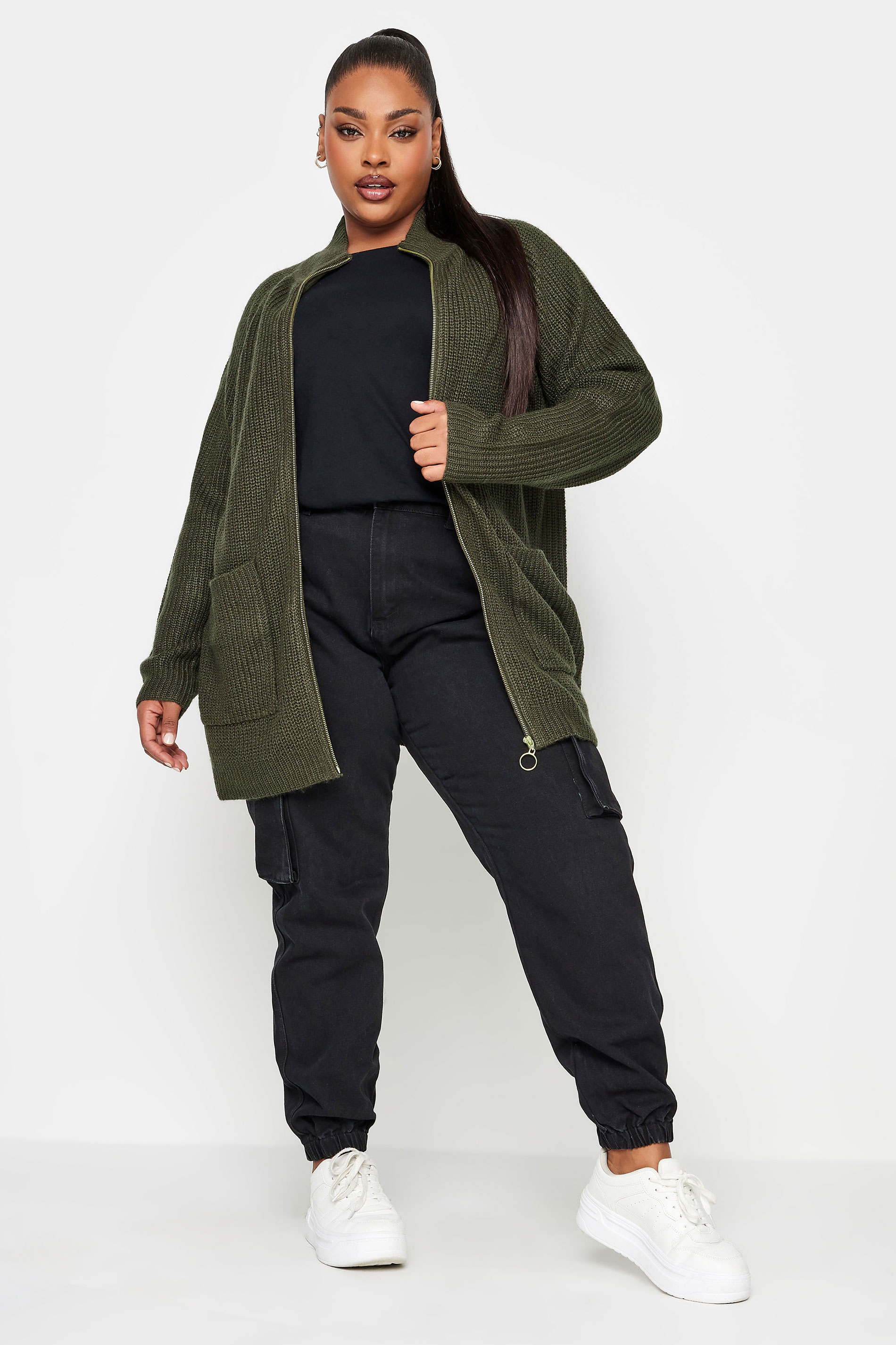 YOURS Plus Size Khaki Green Zip Through Cardigan | Yours Clothing 1