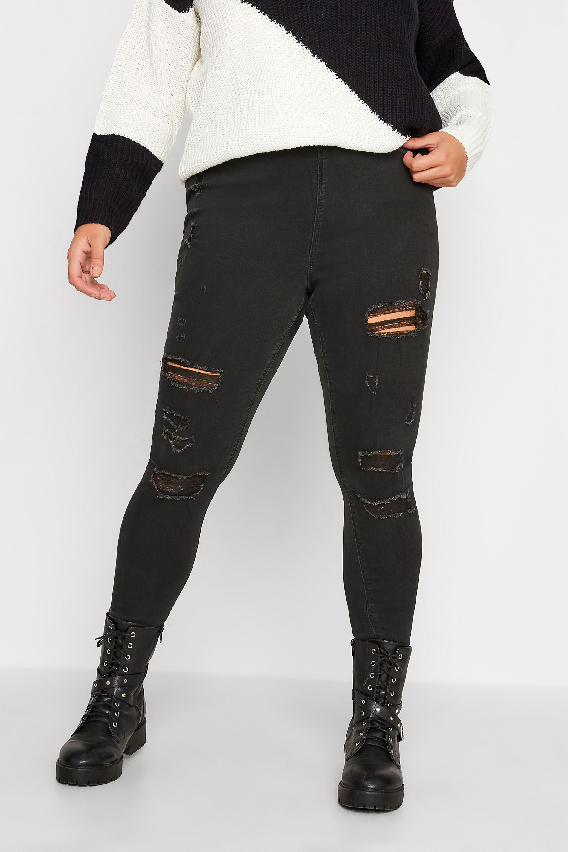 Plus Size Dark Grey Extreme Ripped JENNY Jeggings | Yours Clothing 1
