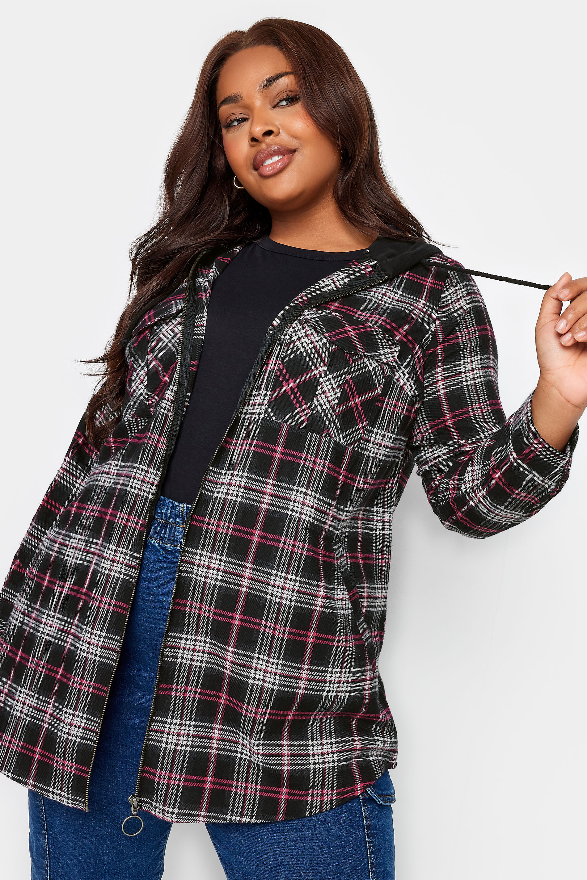 YOURS Plus Size Pink Check Print Hooded Shirt | Yours Clothing 2