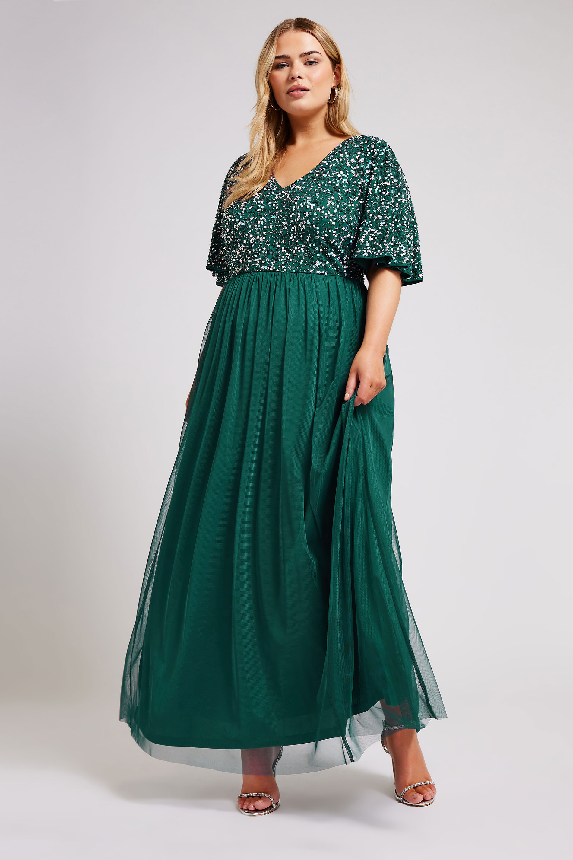 LUXE Plus Size Forest Green Sequin Hand Embellished Maxi Dress | Yours Clothing 2