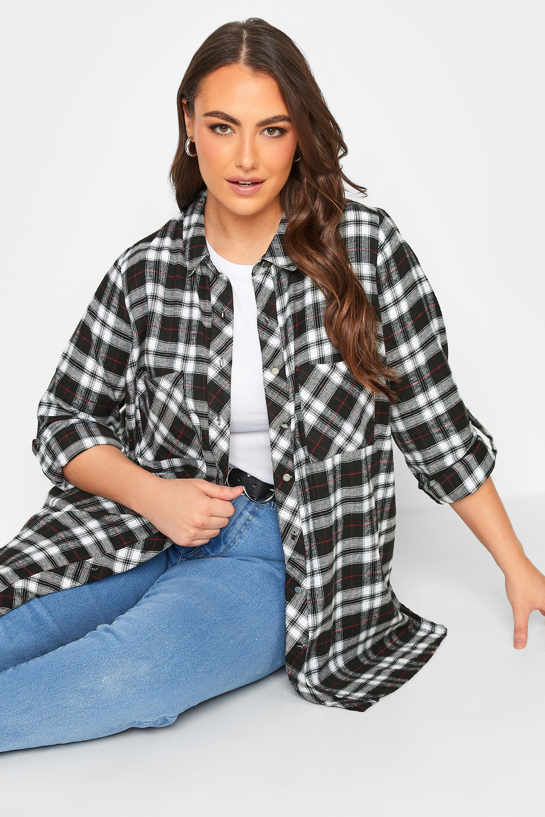 Plus Size Black & Red Check Brushed Oversized Boyfriend Shirt