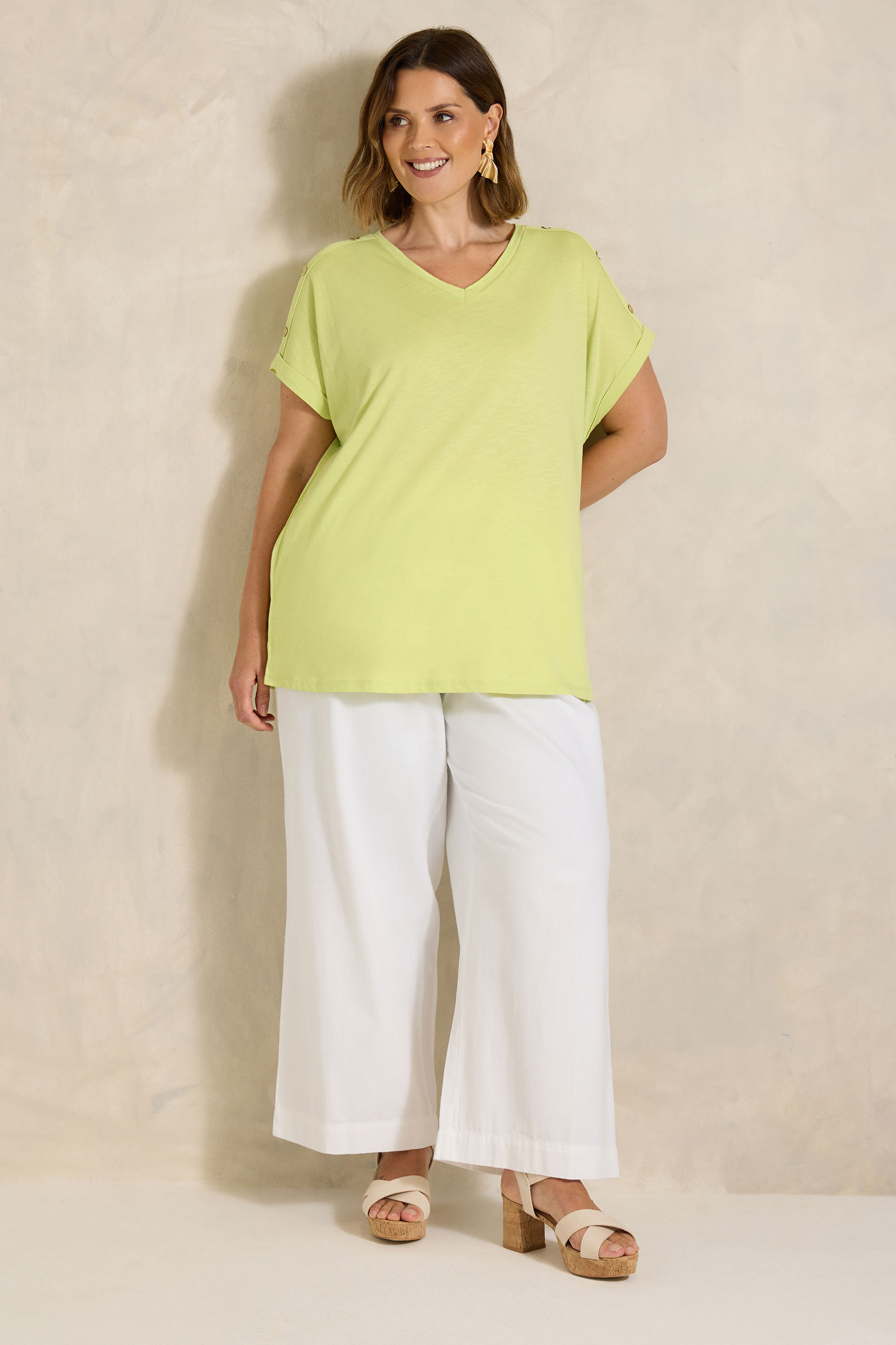 EVANS Plus Size Lime Green Button Shoulder T-Shirt | Evans 1