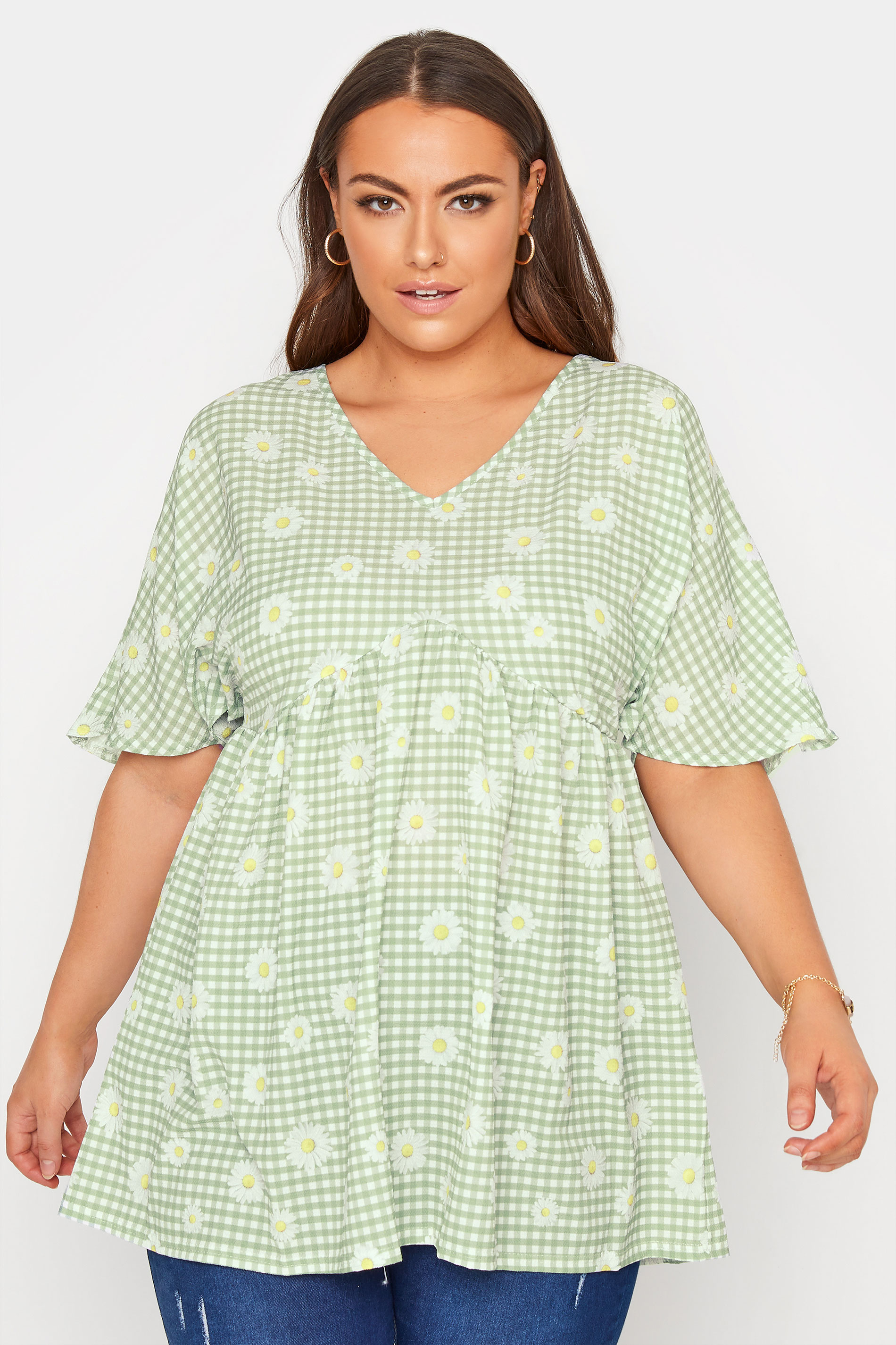 LIMITED COLLECTION Sage Green Gingham Floral Kimono Top | Yours Clothing
