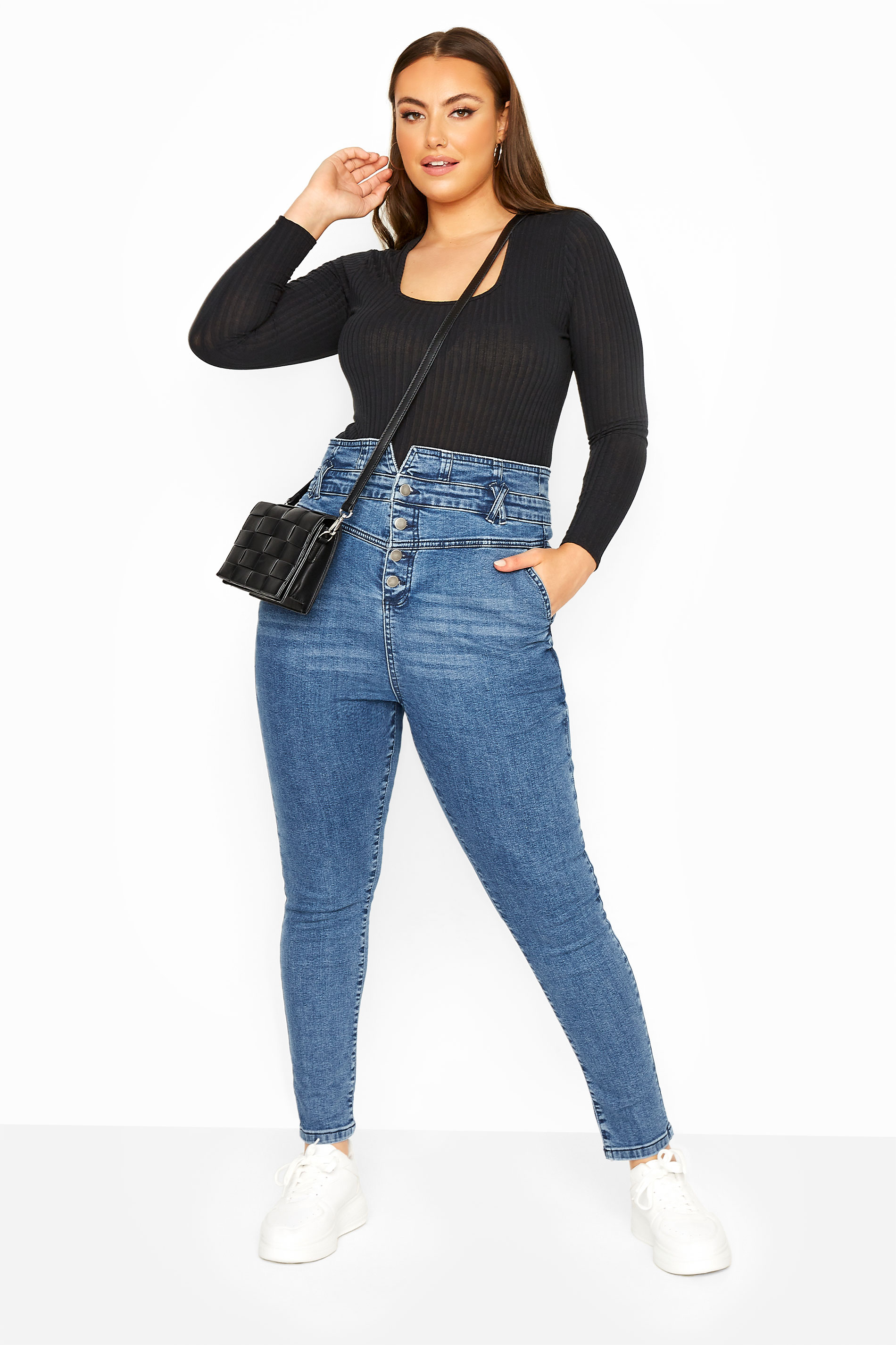 Mid Blue Super High Waisted Skinny AVA Jeans | Yours Clothing