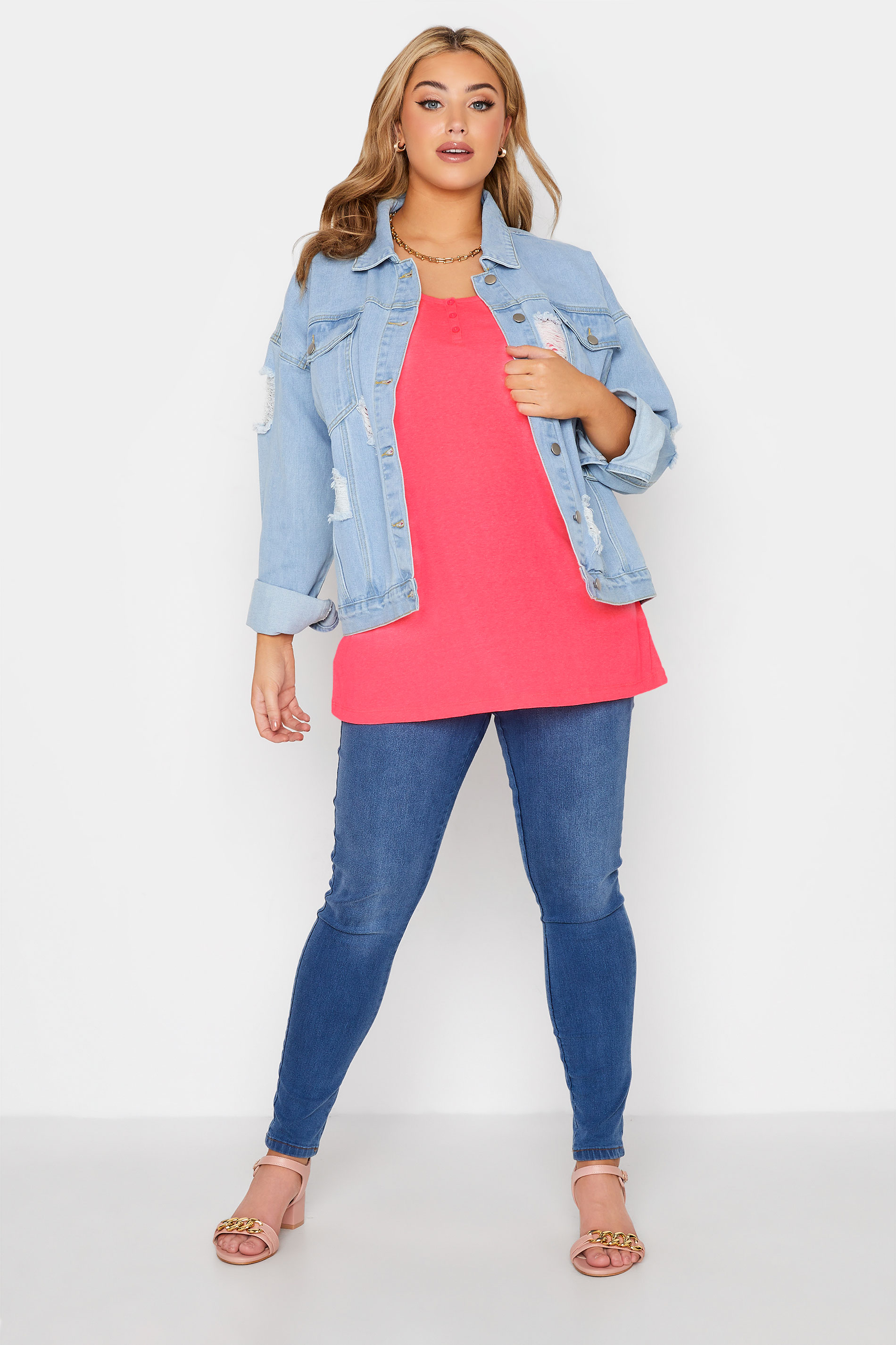 Plus Size YOURS FOR GOOD Neon Pink Rib Button Detail Vest Top | Yours Clothing 2