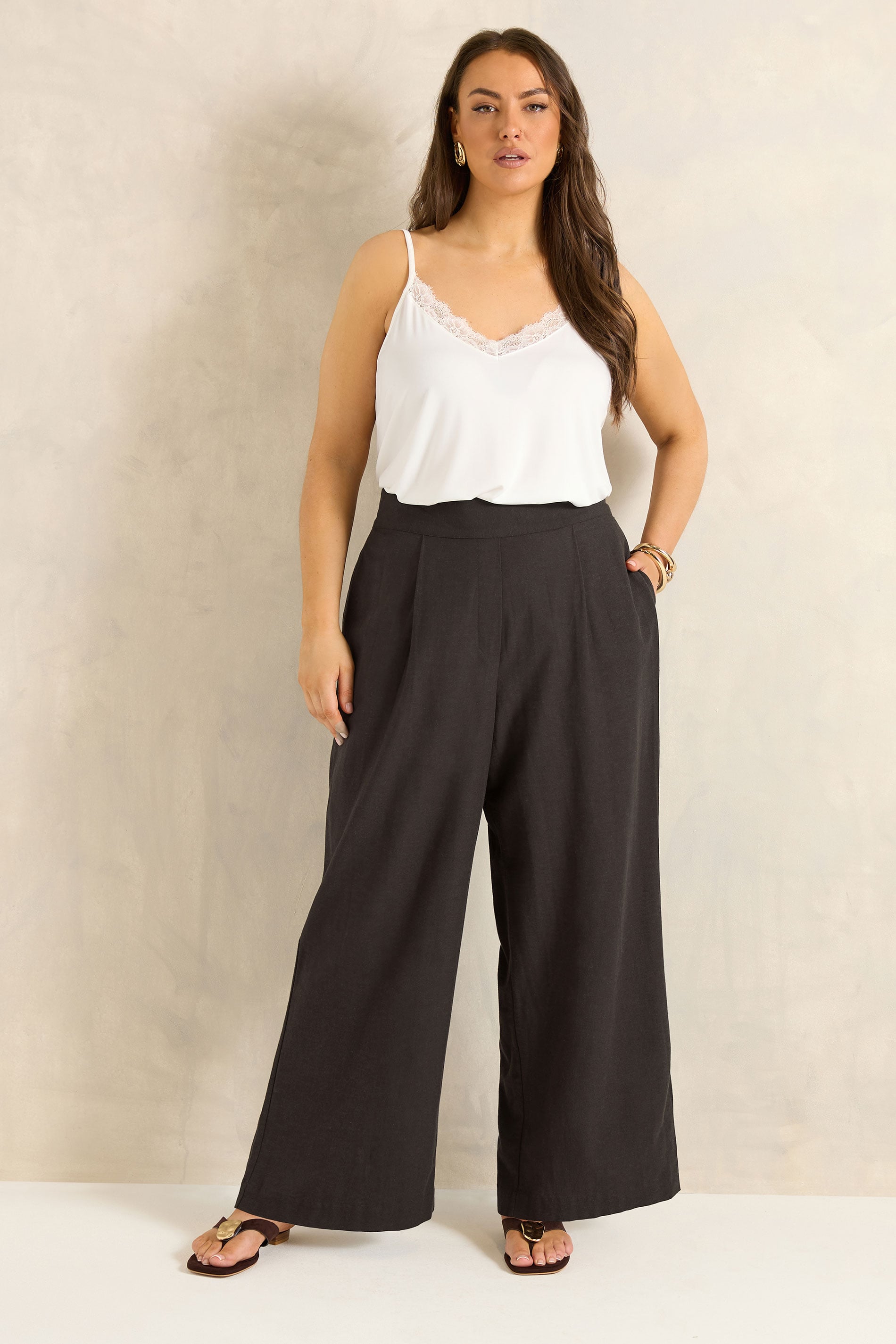 EVANS Plus Size Chocolate Brown Tailored Linen Trousers | Evans 1