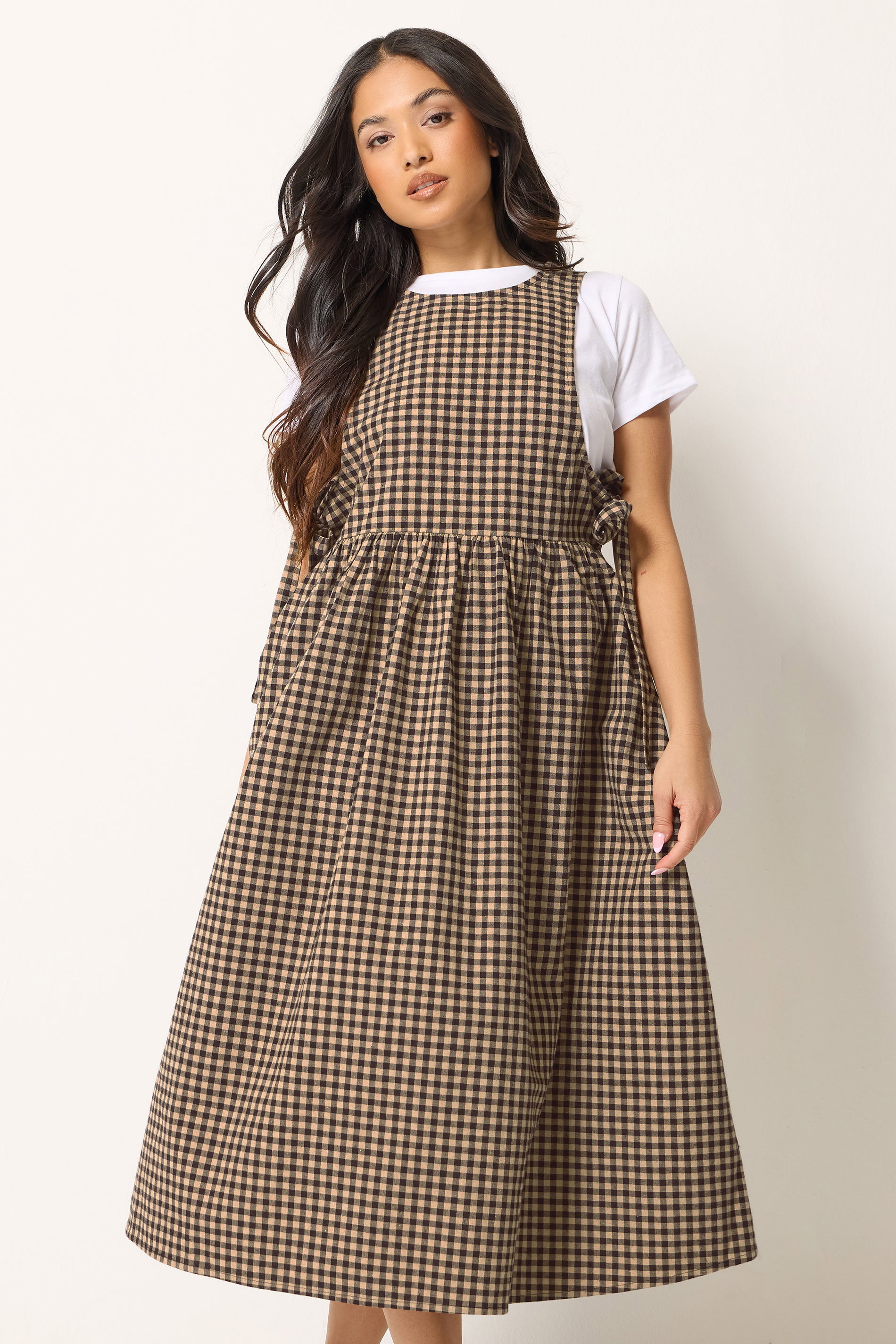 PixieGirl Petite Women's Brown Gingham Tie Side Pinafore Dress | PixieGirl 3