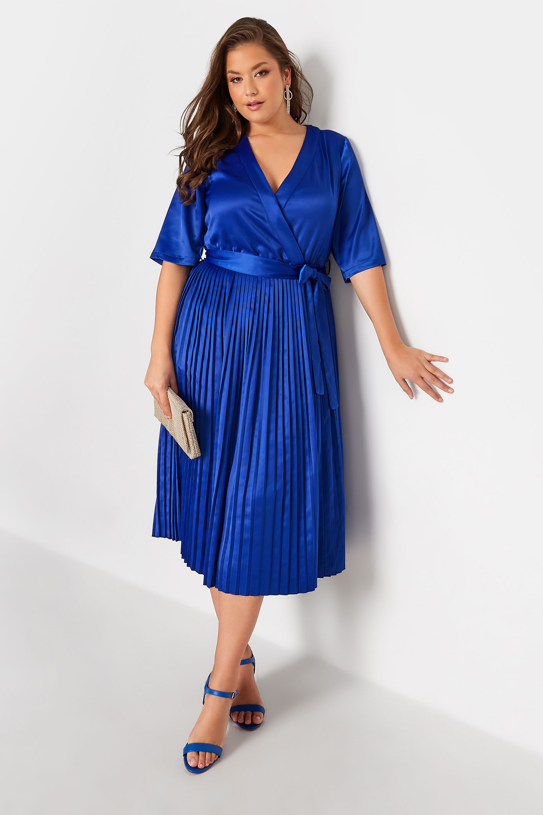 YOURS LONDON Plus Size Blue Satin Pleated Wrap Dress | Yours Clothing 1