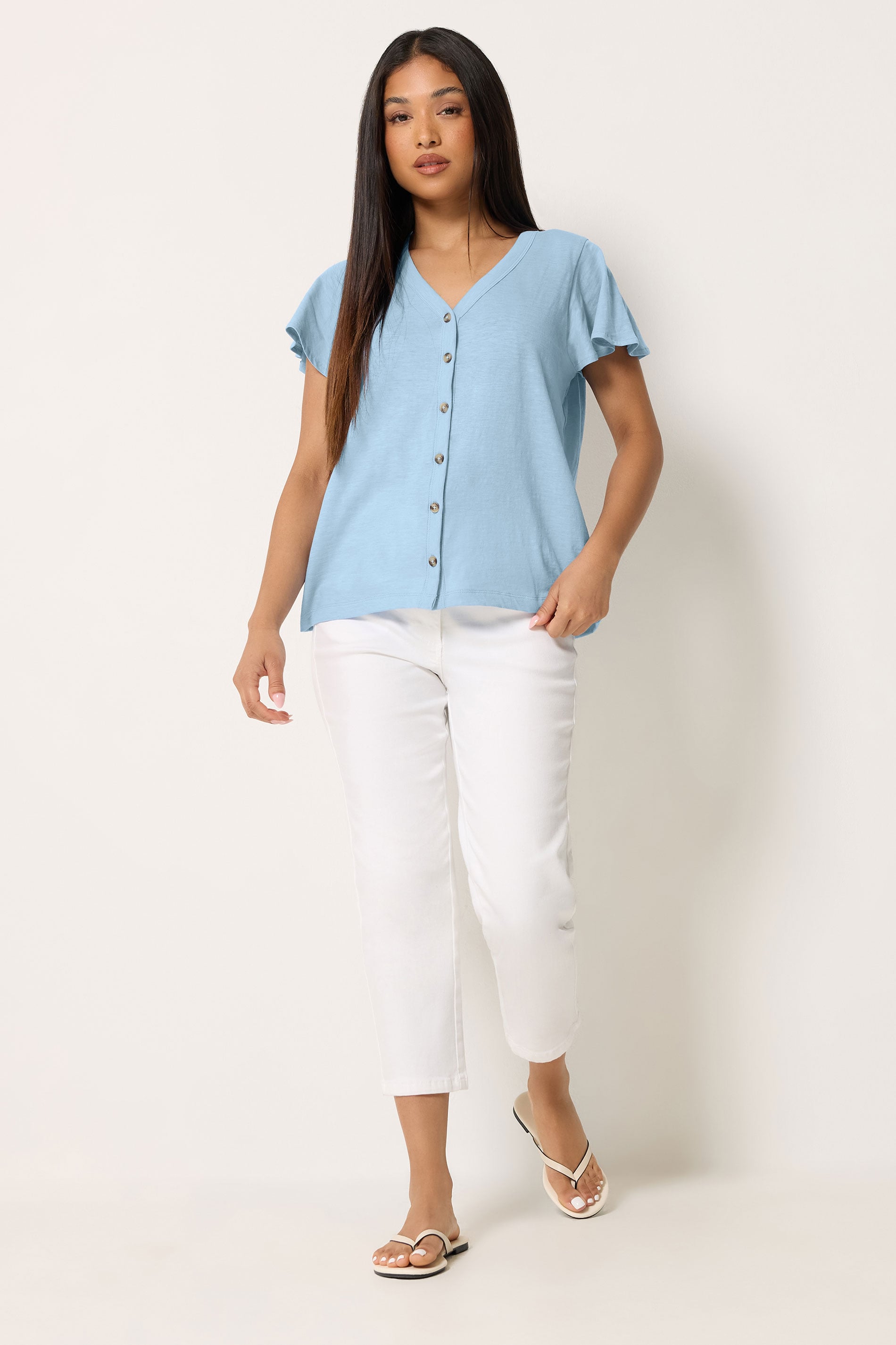 M&Co Petite Blue Cotton Frill Sleeve Shirt | M&Co 1