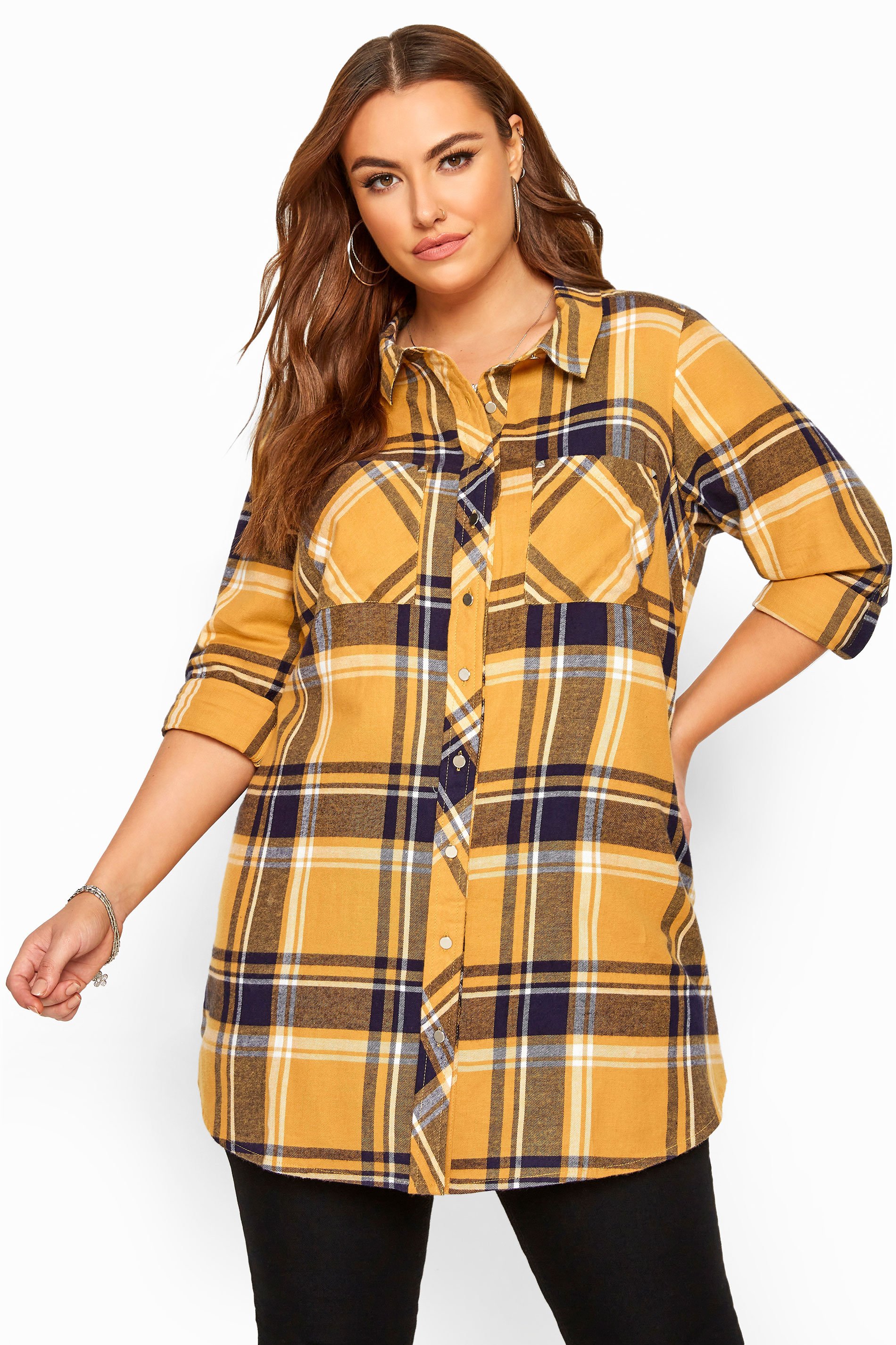 Mustard Yellow & Navy Check Studded Boyfriend Shirt | Yours Clothing