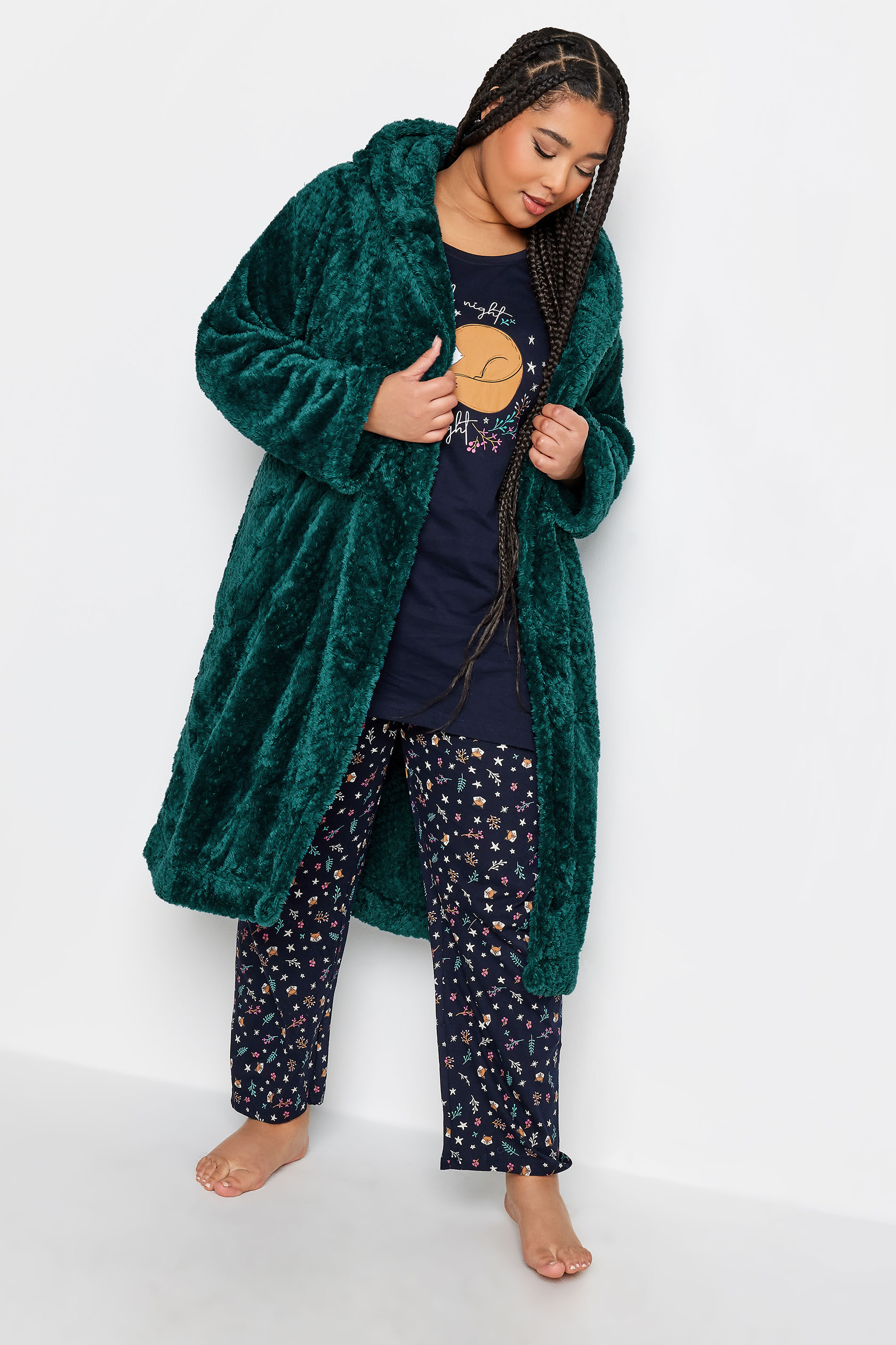 YOURS Plus Size Emerald Green Waffle Fleece Hooded Dressing Gown | Yours Clothing 3