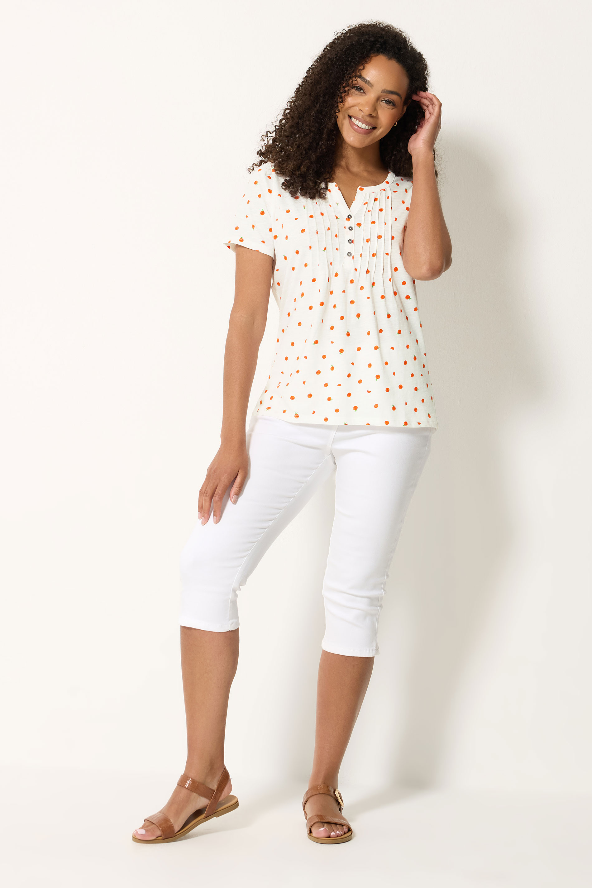 M&Co White Oranges Print Cotton Henley Top | M&Co 1