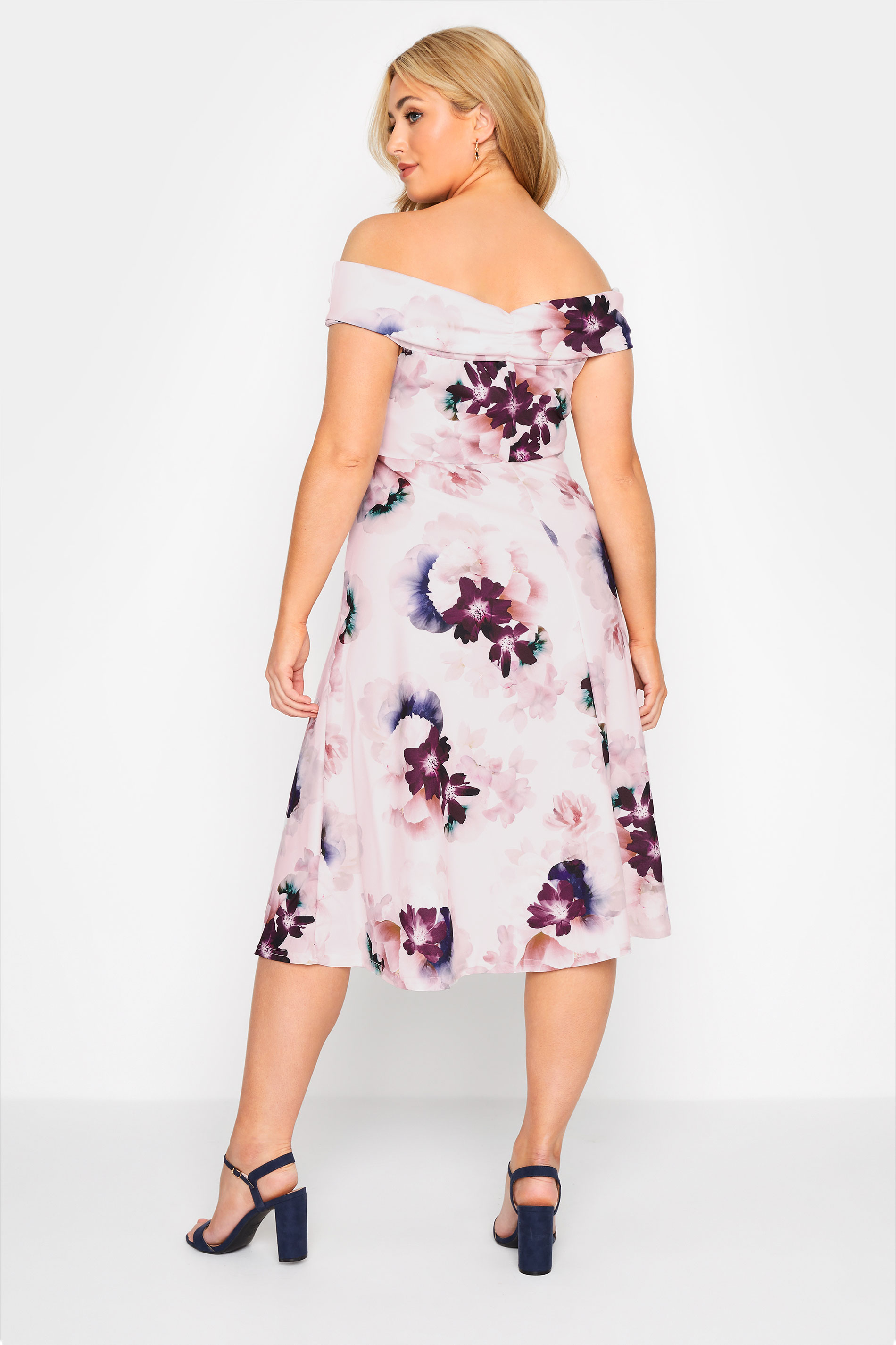 YOURS LONDON Plus Size Pink Floral Bow Bardot Skater Dress | Yours Clothing 3