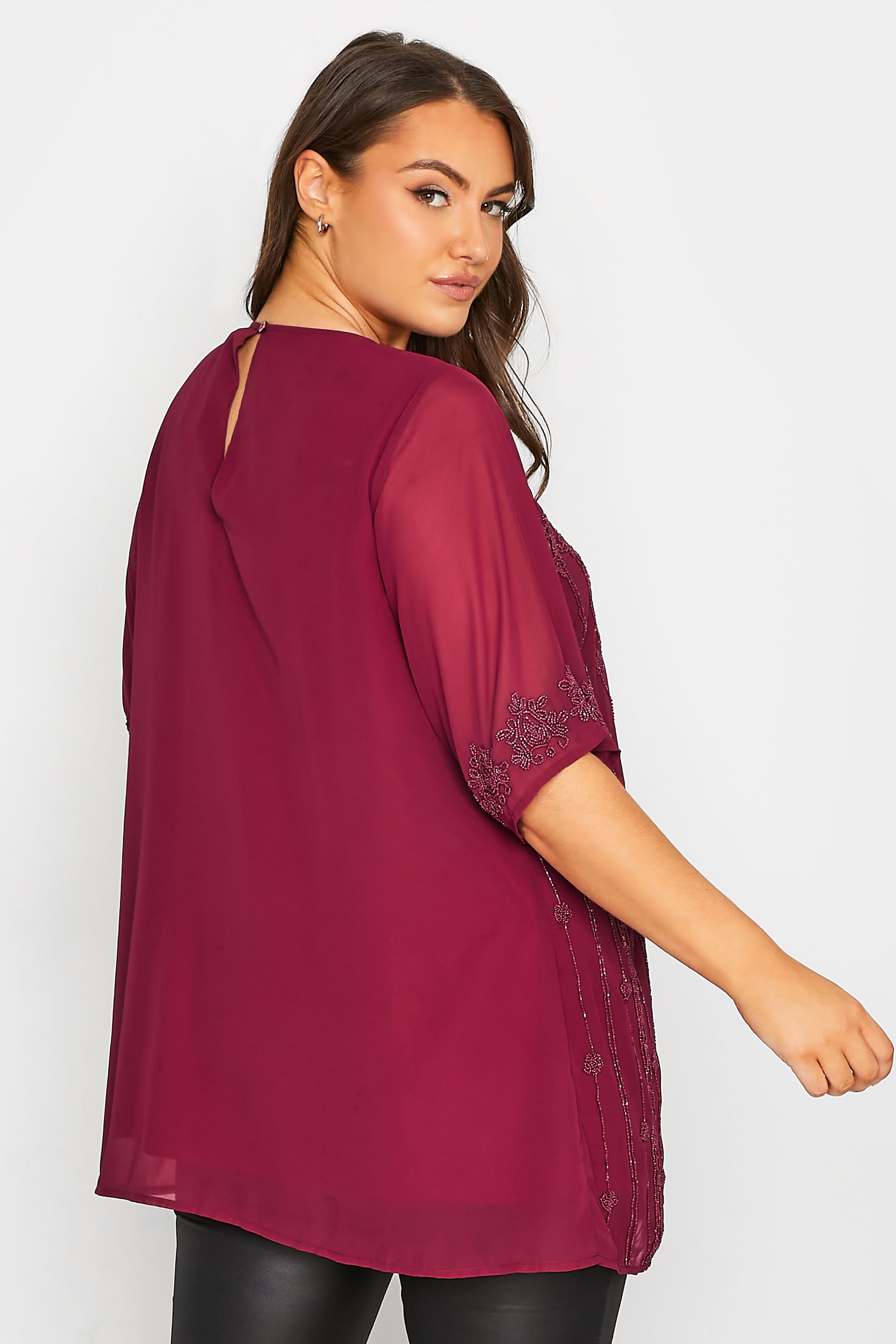 LUXE Plus Size Burgundy Red Sequin Hand Embellished Chiffon Blouse