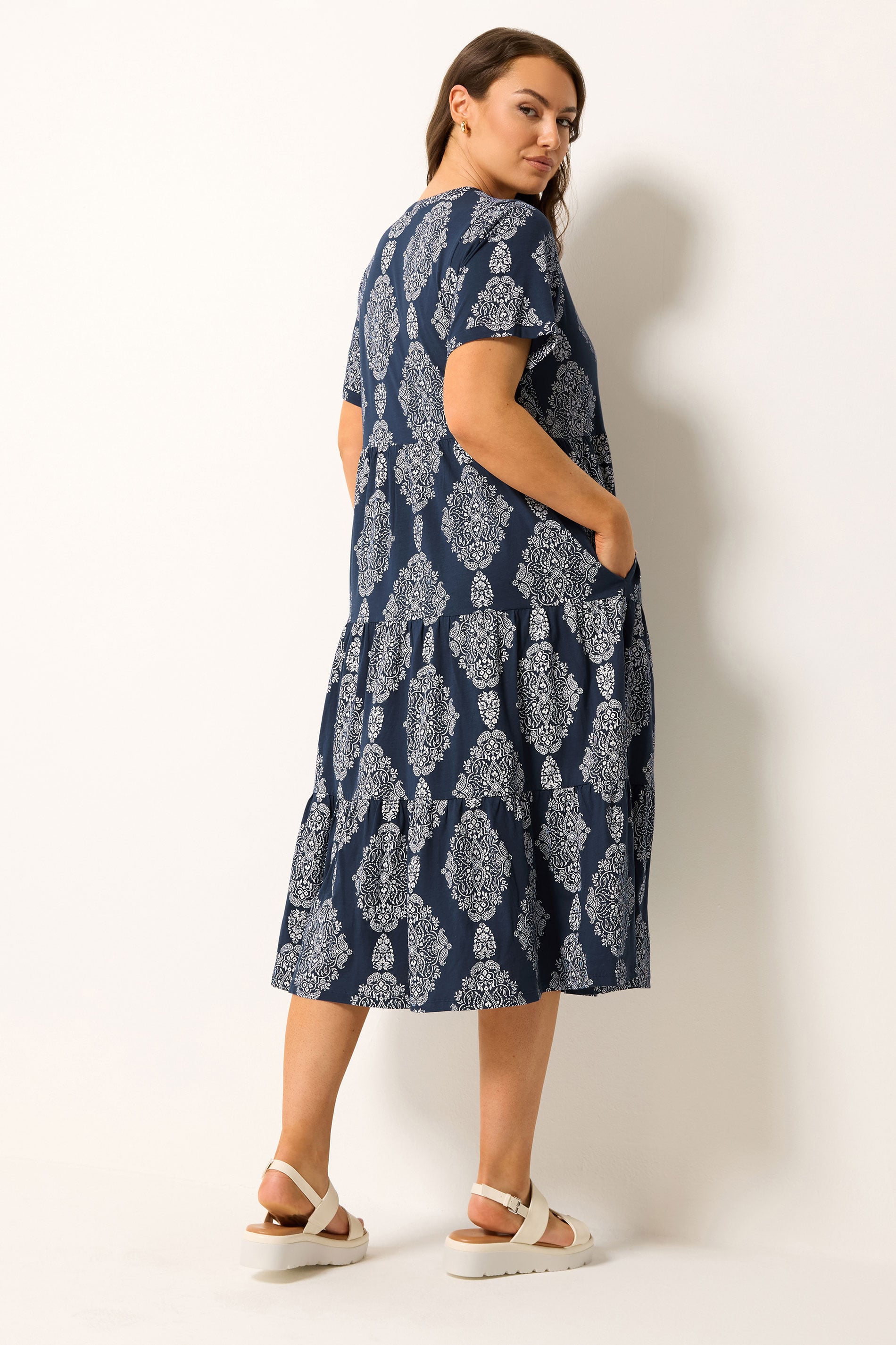 YOURS Plus Size Navy Blue Paisley Tiered Midi Dress | Yours Clothing 2